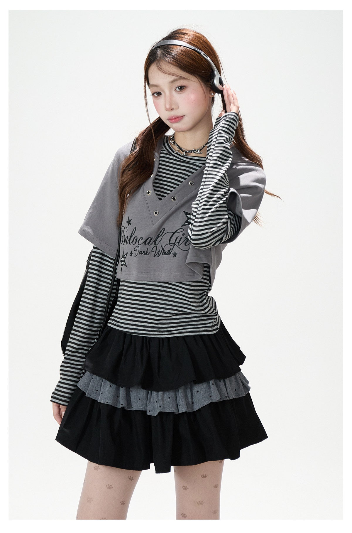Graphic Cropped Hooded Tee, Striped Layering Long Sleeve Top & Tiered Mini Skirt
