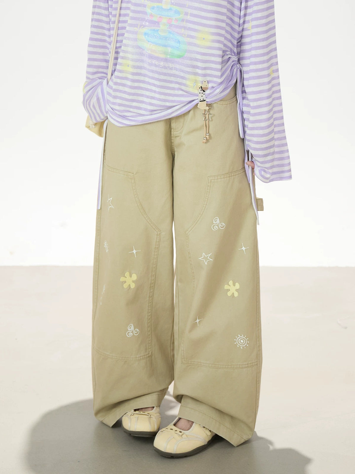 Khaki Embroidered Wide-Leg Cargo Pants