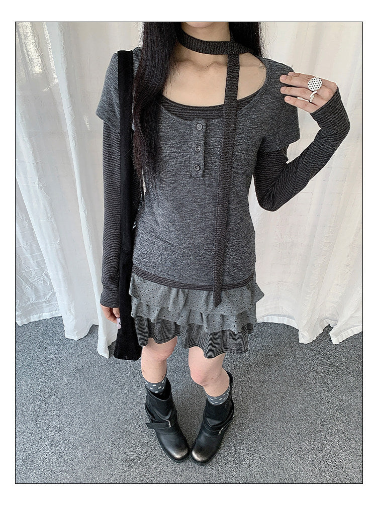 Striped Layered Henley Long Sleeve Top with Neck Tie