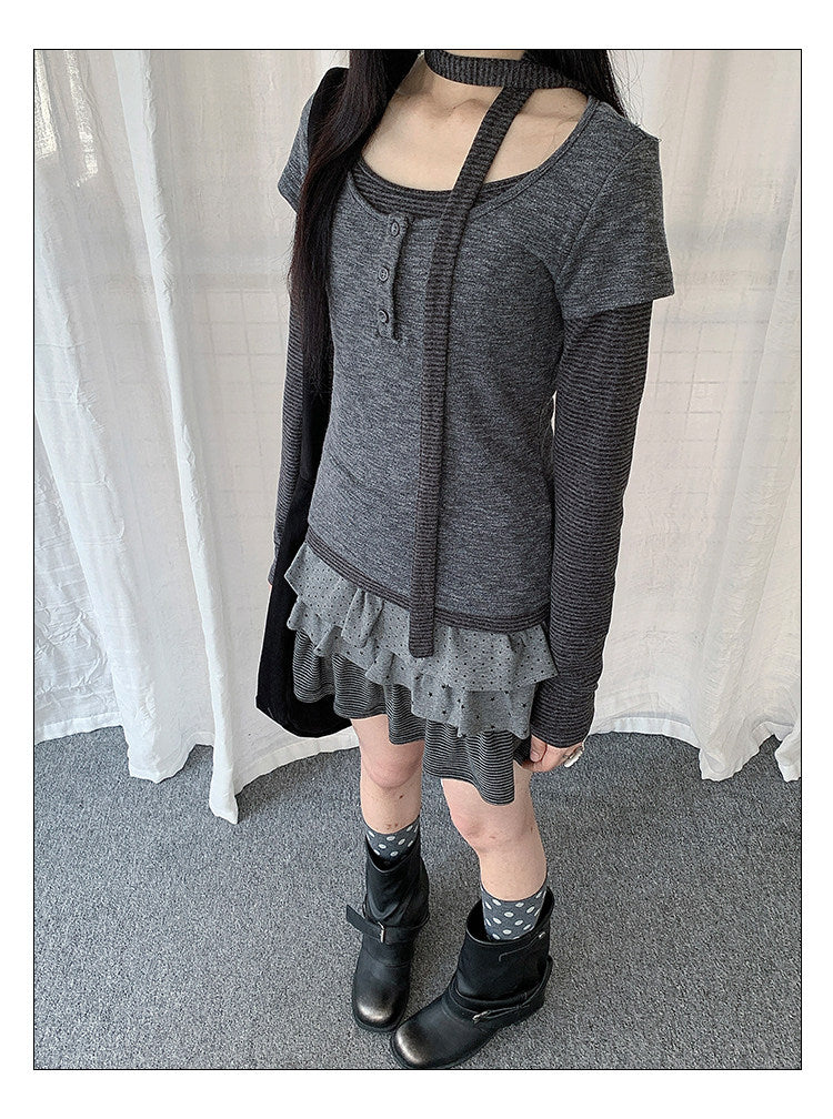 Striped Layered Henley Long Sleeve Top with Neck Tie