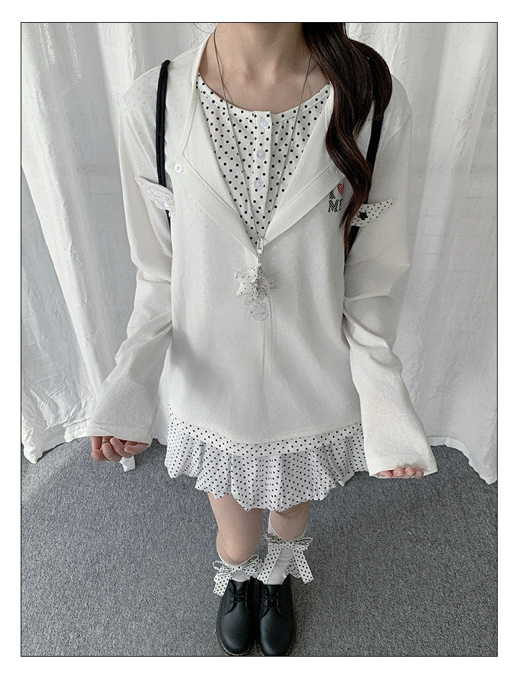 Polka Dot Layered Henley Long Sleeve Top