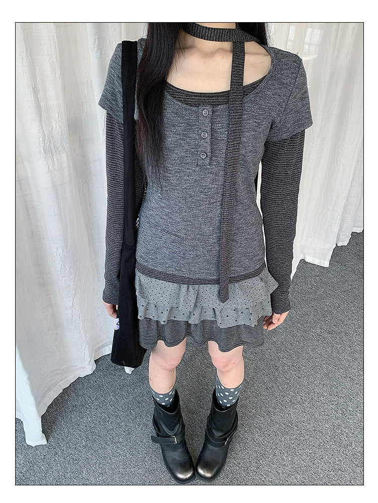 Striped Layered Henley Long Sleeve Top with Neck Tie