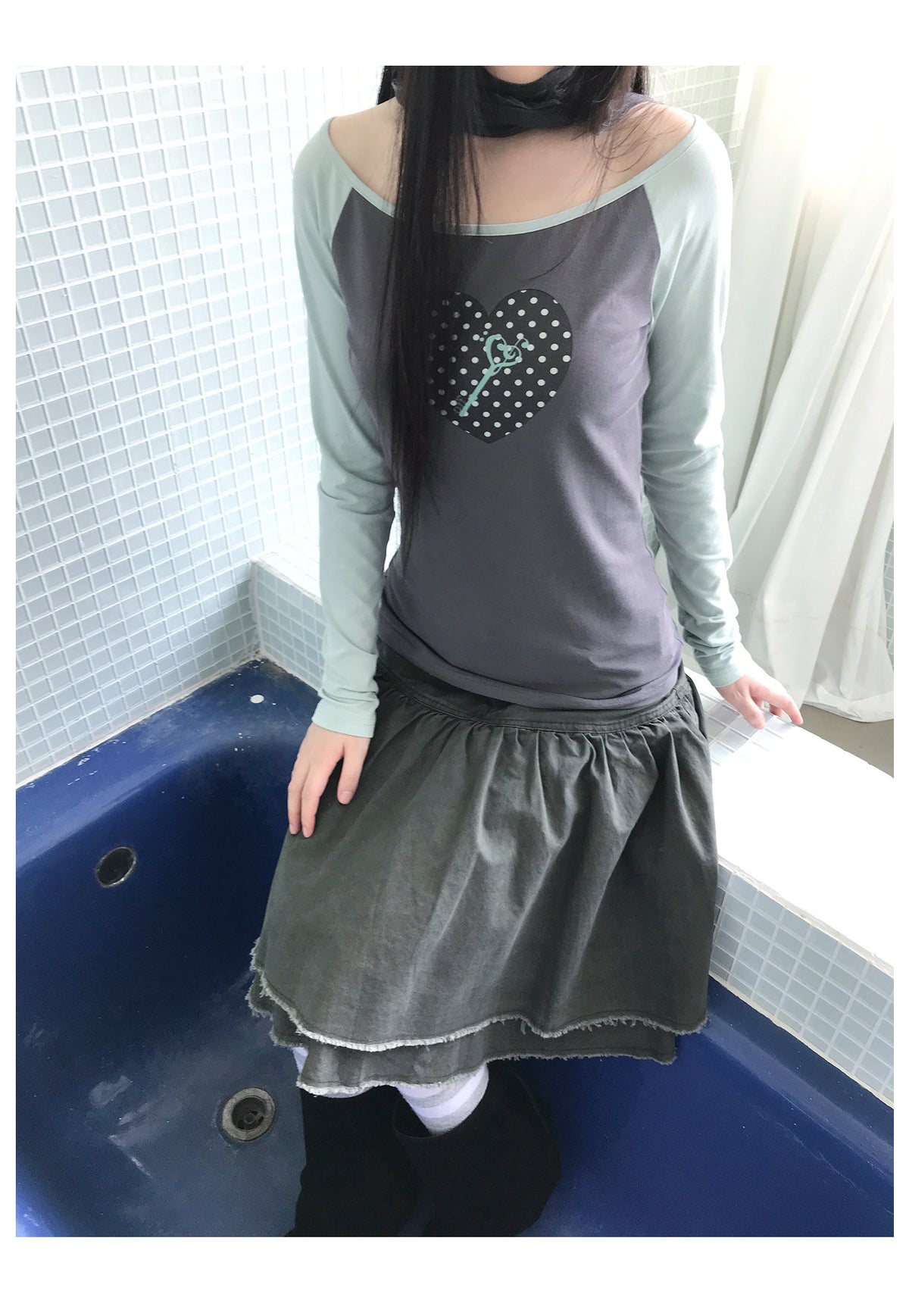 Polka Dot Heart Key Contrast Raglan Long Sleeve Tee
