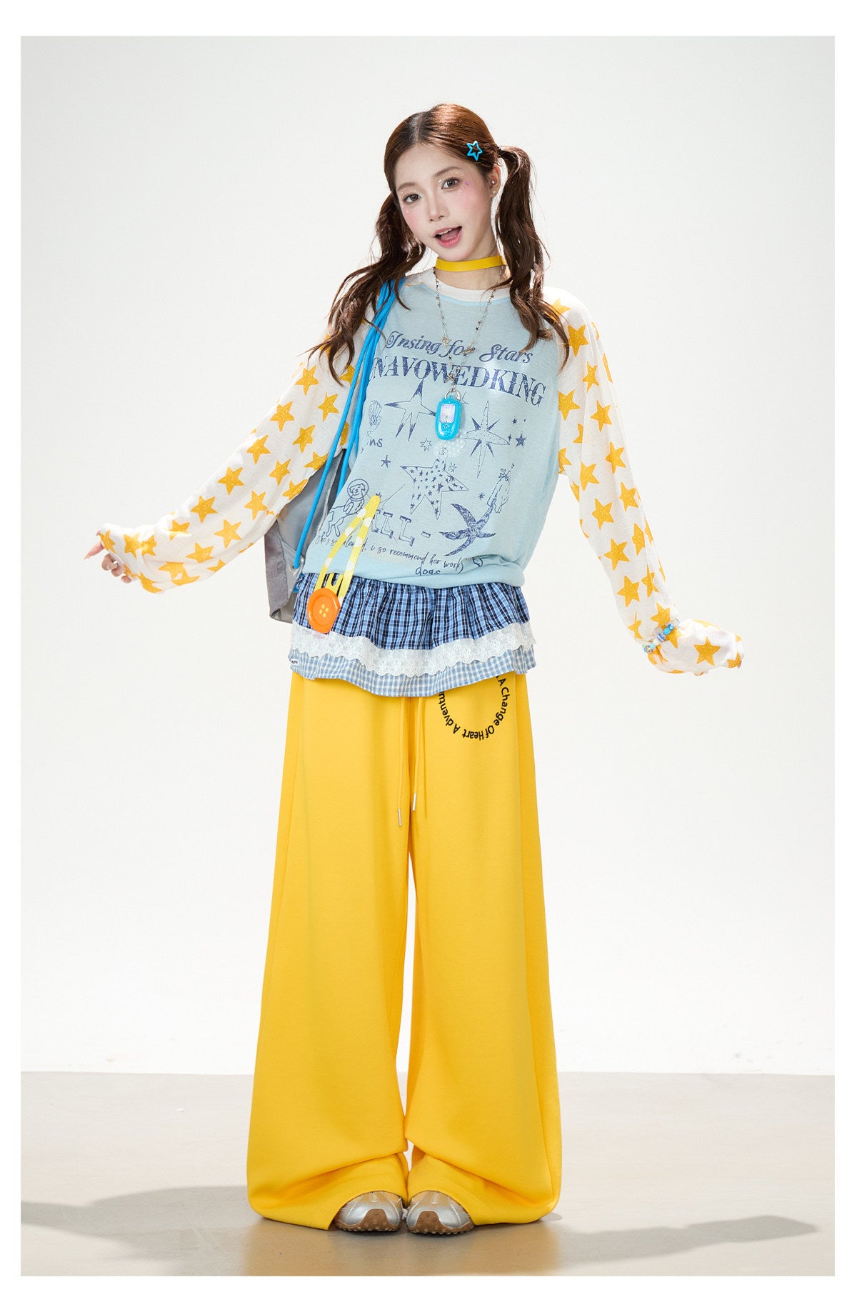 Star Graphic Contrast Raglan Long Sleeve Top & Yellow Wide-Leg Pants
