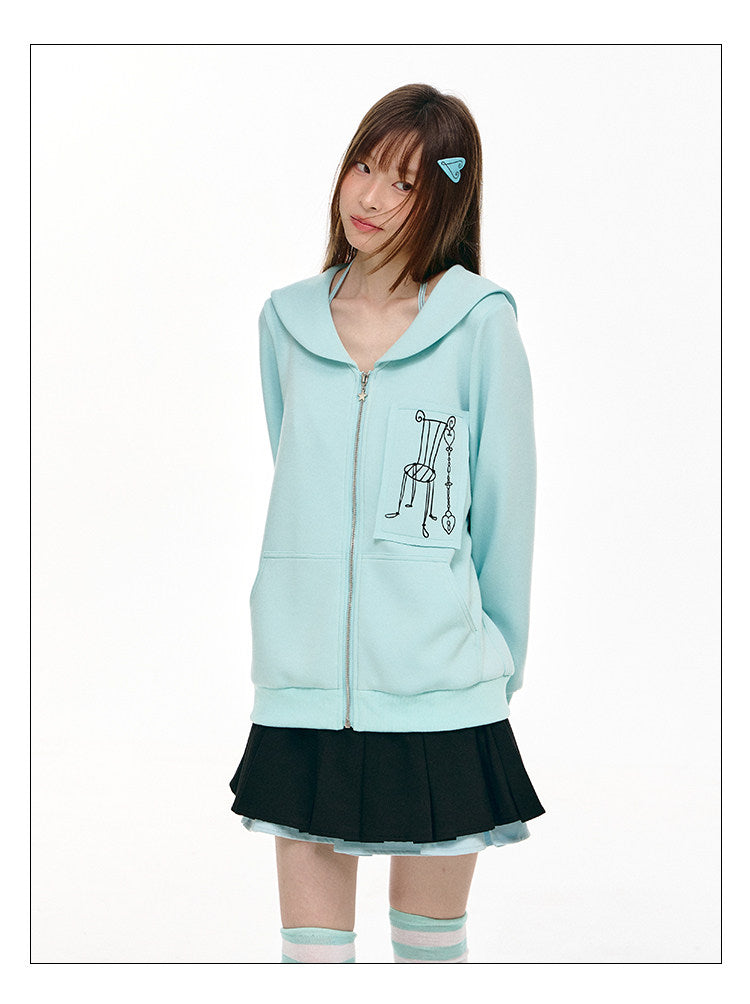 Mint Sailor-Collar Graphic Zip-Up Jacket