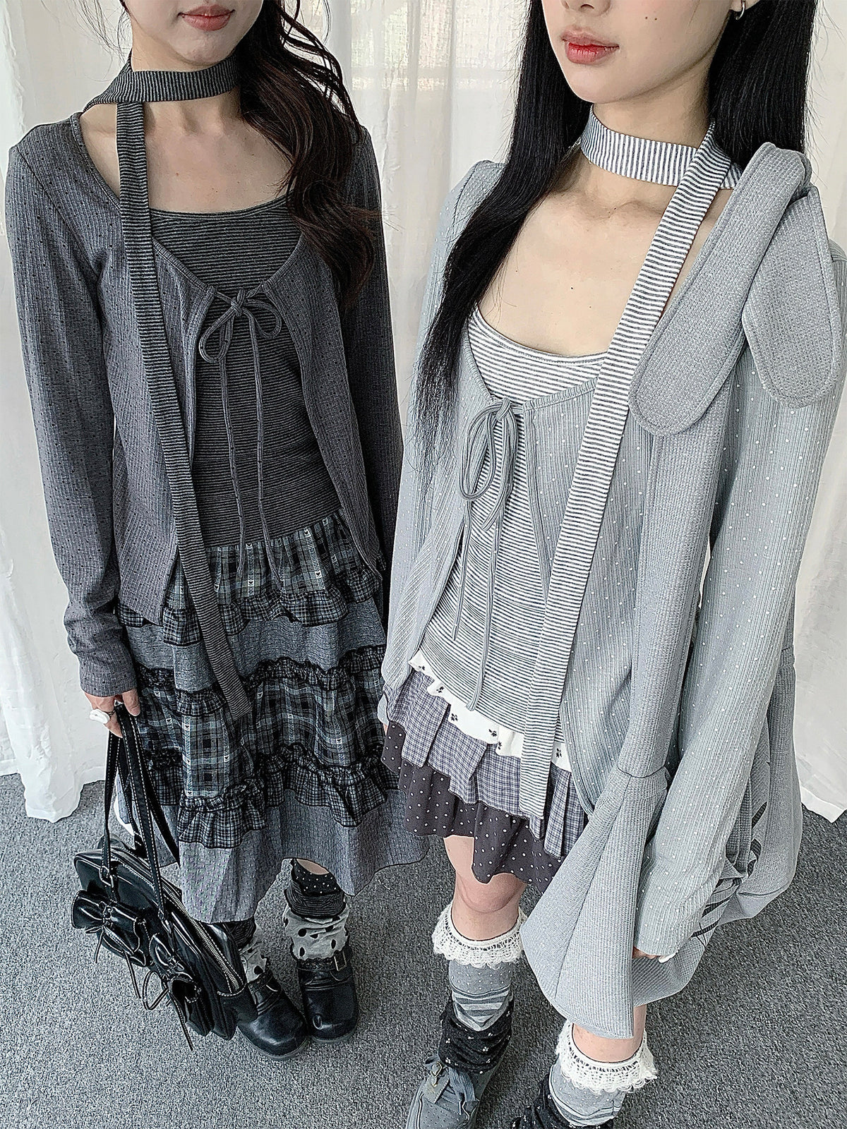 Polka Dot Tie Cardigan & Striped Cami Set