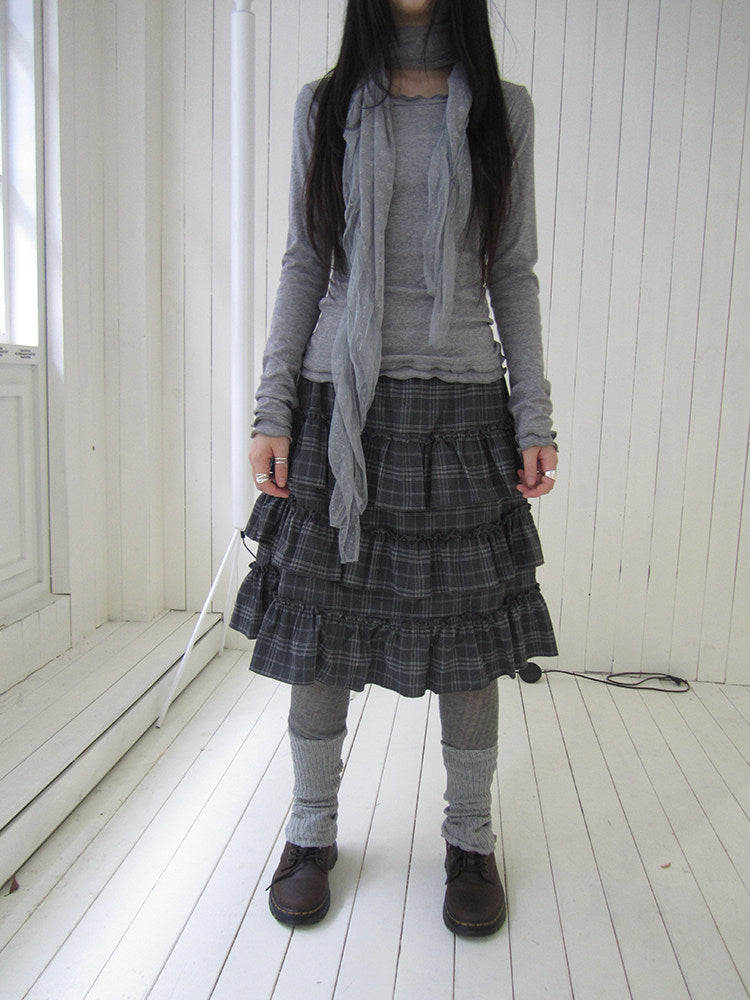 Vintage Gray Plaid Tiered Ruffle Skirt