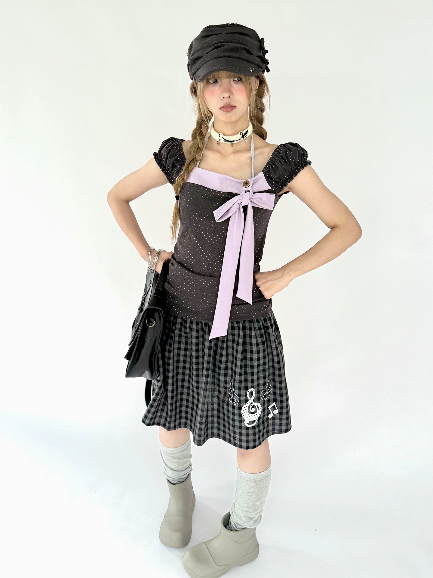 Lavender Bow Polka Dot Fitted Puff-Sleeve Top
