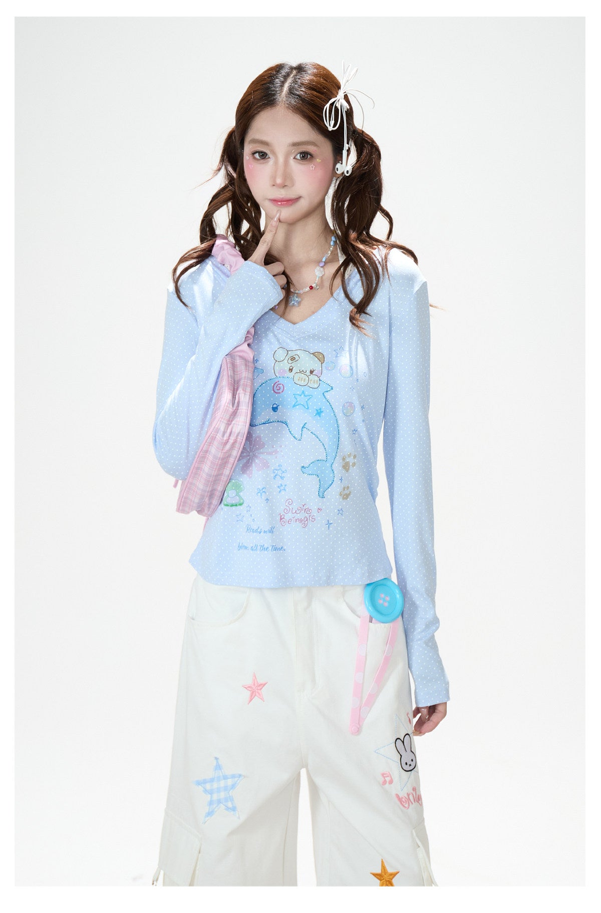 Dreamy Dolphin Polka-Dot V-Neck Long Sleeve Top & Gingham Ruffle Mini Skirt