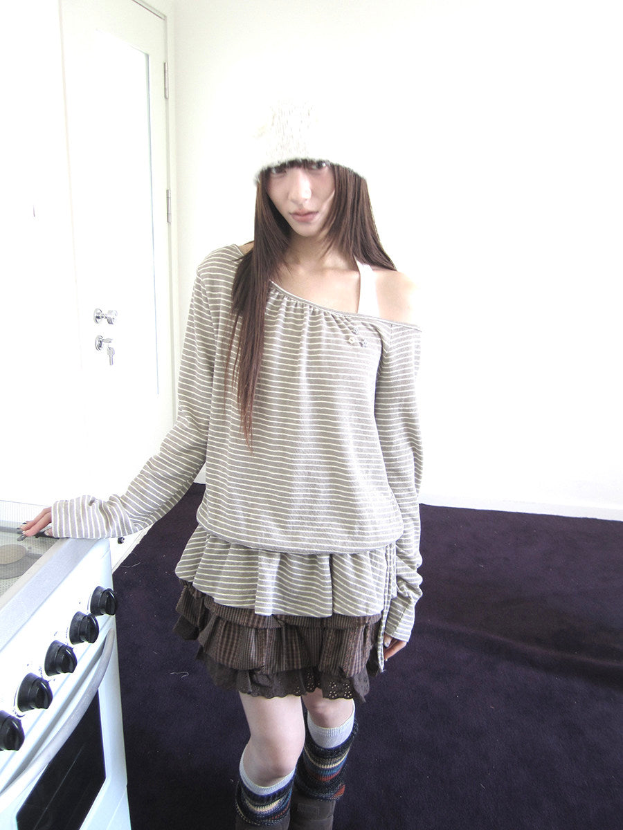 Striped Off-Shoulder Ruffle Layered Long Sleeve Top