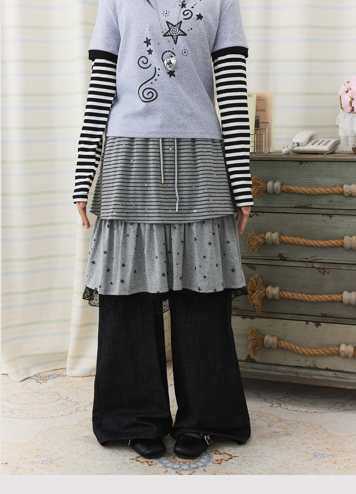Star Stripe Layered Skirt Wide-Leg Pants