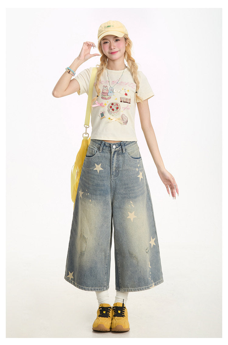 Washed Star Print Wide-Leg Denim Capri Pants