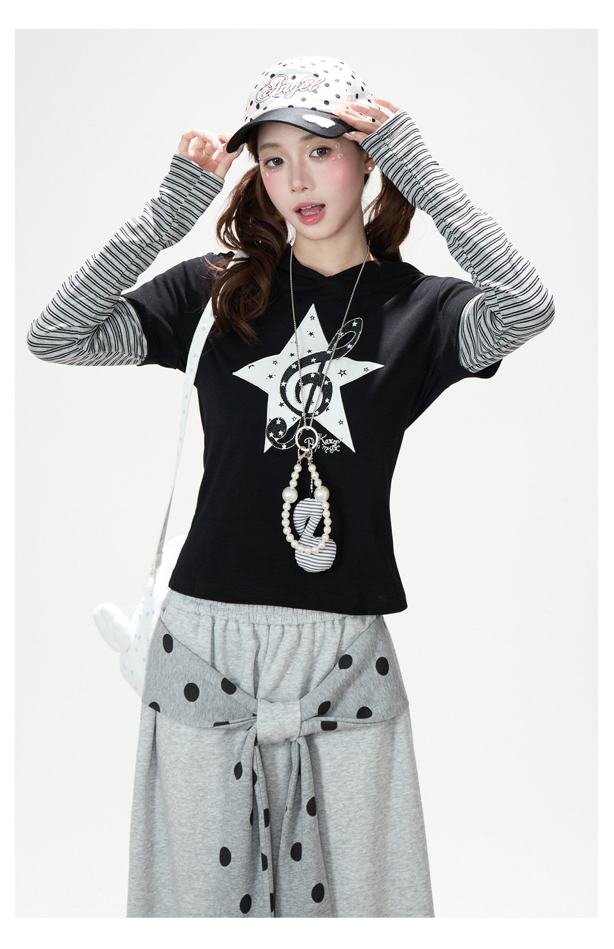 Music Note Star Layered Hoodie Top & Polka Dot Tie-Waist Wide-Leg Pants