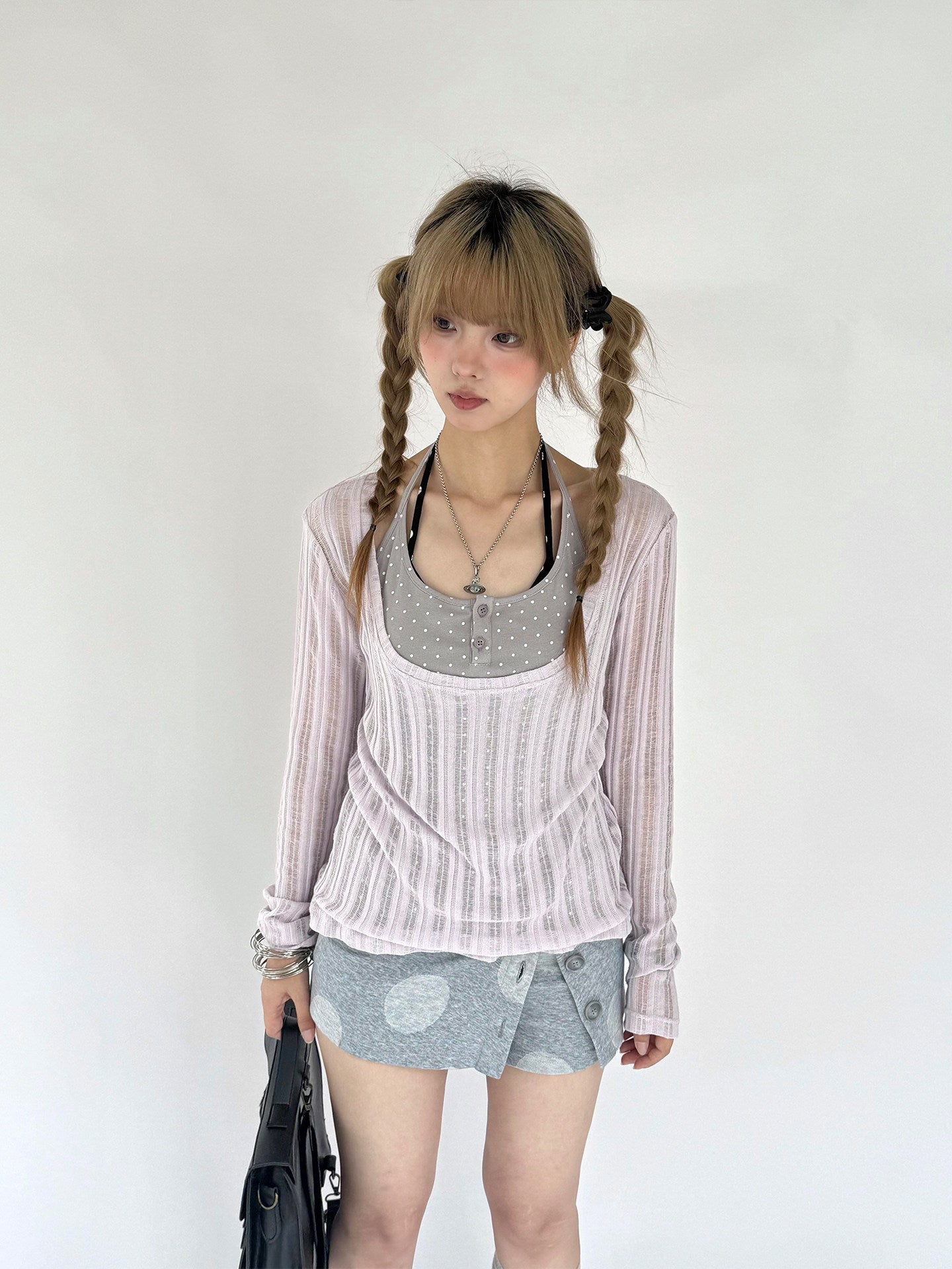 Wisteria Open-Knit Faux-Layer Long Sleeve Top