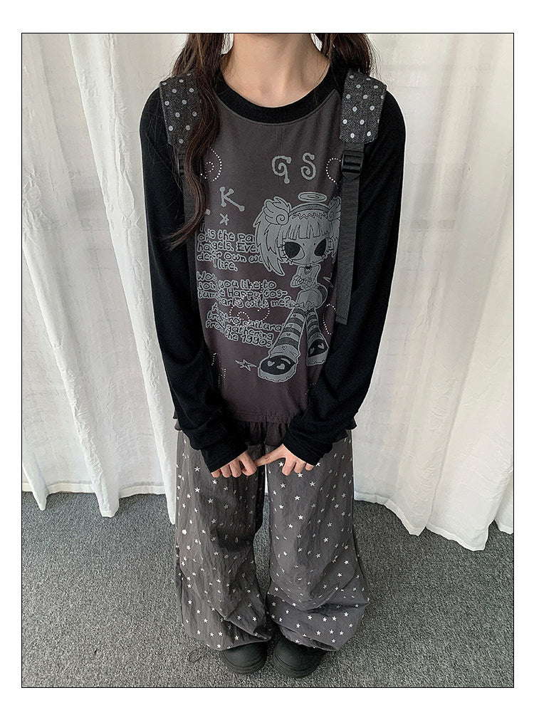 Angel Girl Graphic Raglan Ruffle Long Sleeve Top