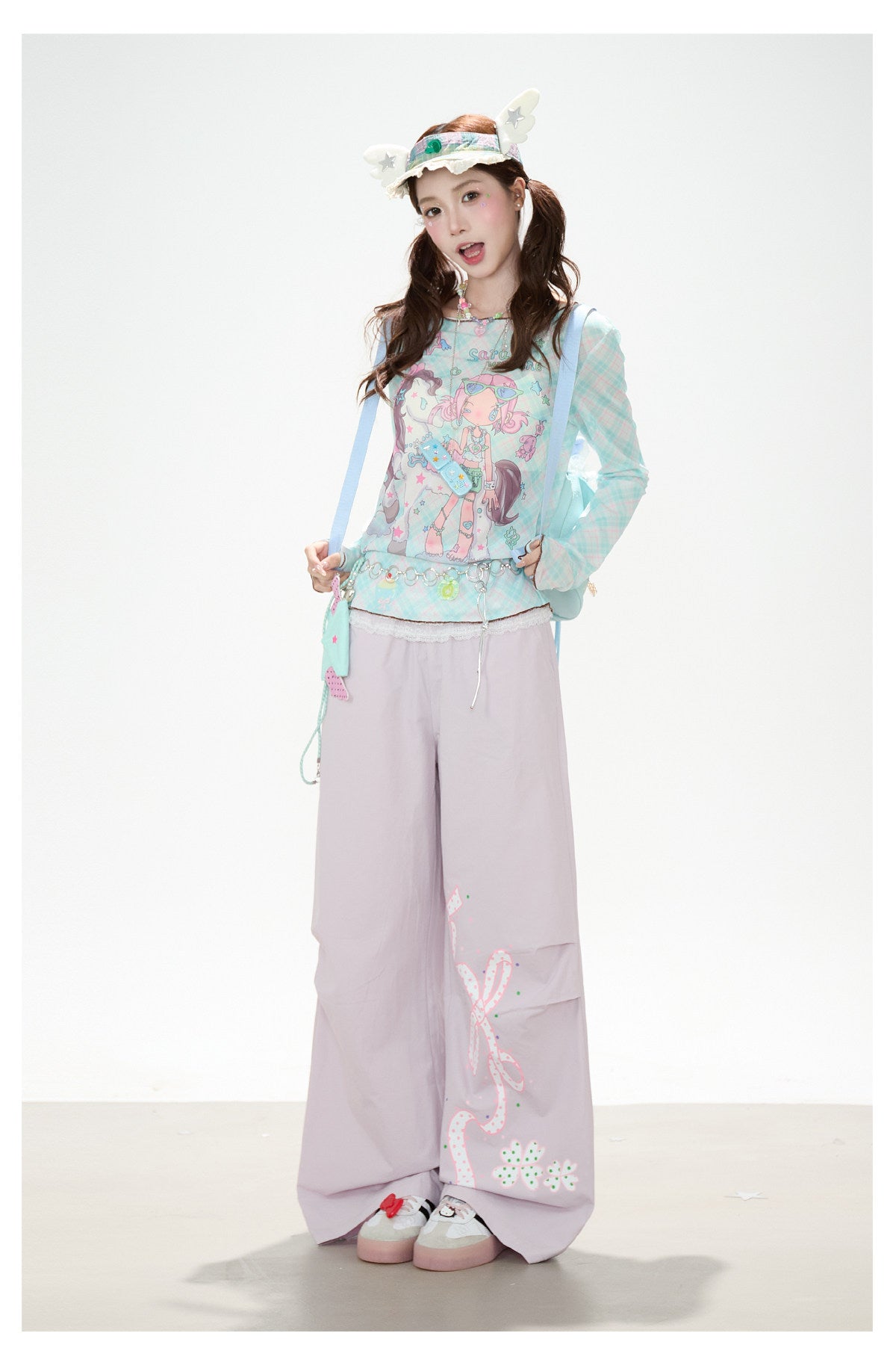 Pastel Anime Plaid Long Sleeve Top & Camo Lace-Trim Midi Skirt