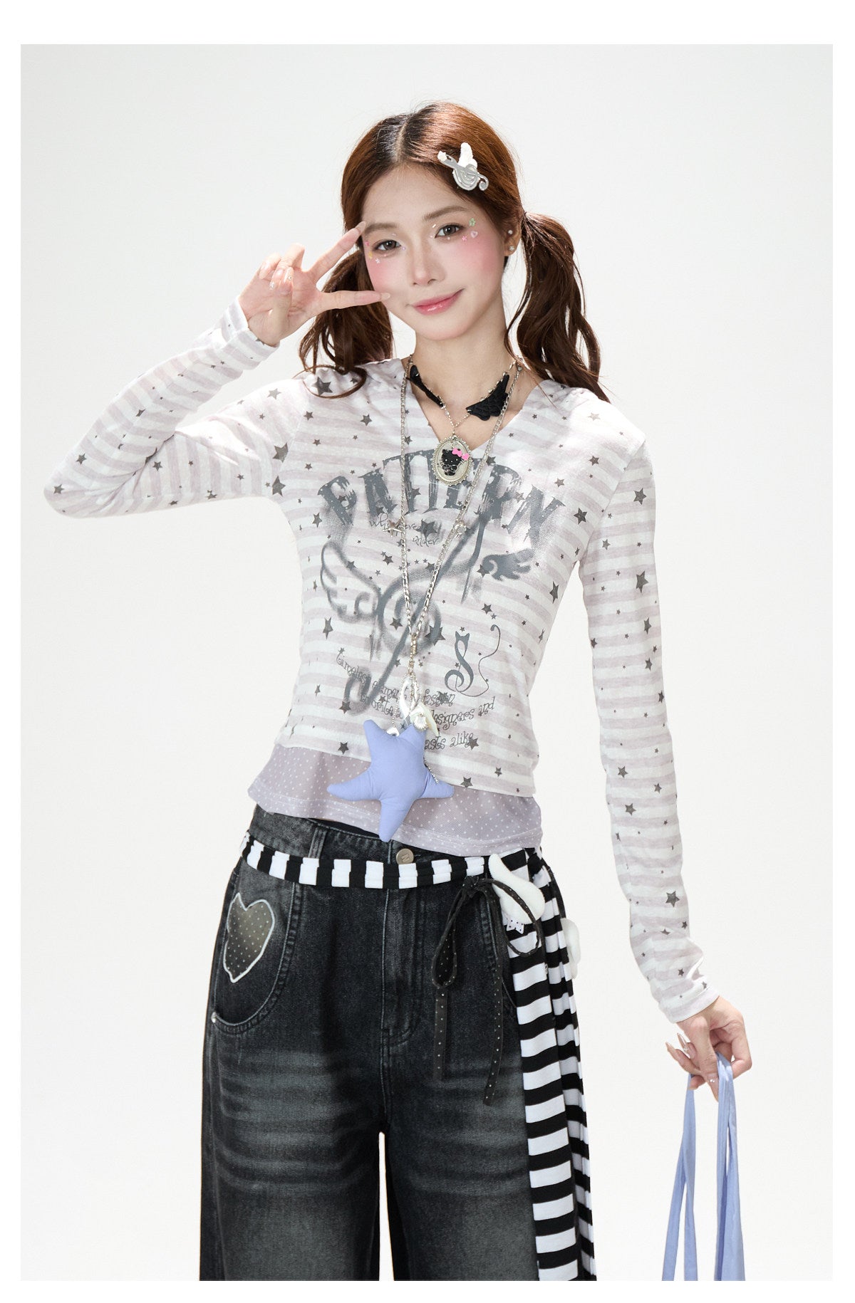 Star Stripe Bunny-Ear Hooded V-Neck Long Sleeve Top
