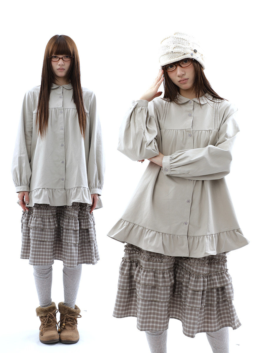 Pleated Ruffle Hem Button-Up Long Sleeve Blouse