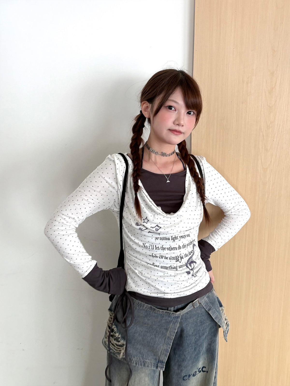Polka Dot Cowl Neck Faux-Layer Graphic Long Sleeve Top