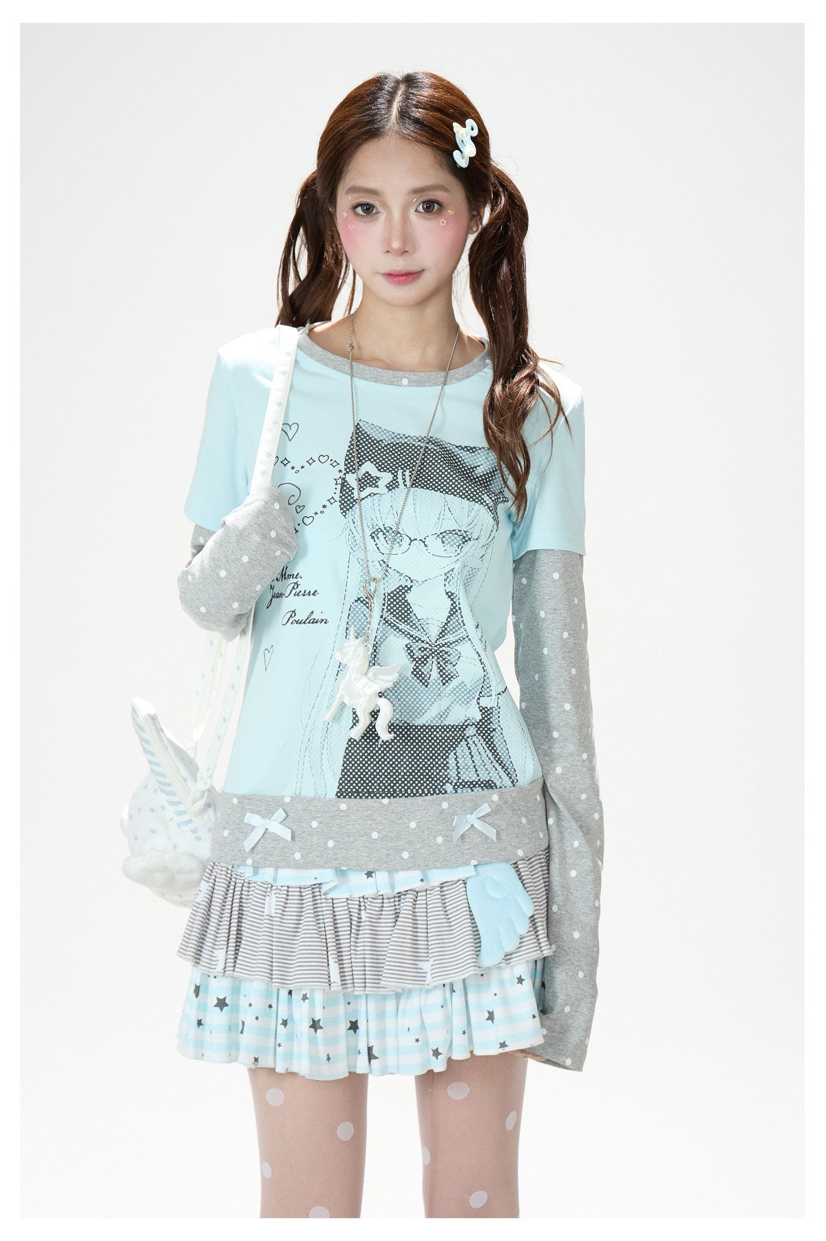 Anime Girl Polka-Dot Layered Long Sleeve Top & Star Tiered Ruffle Mini Skirt