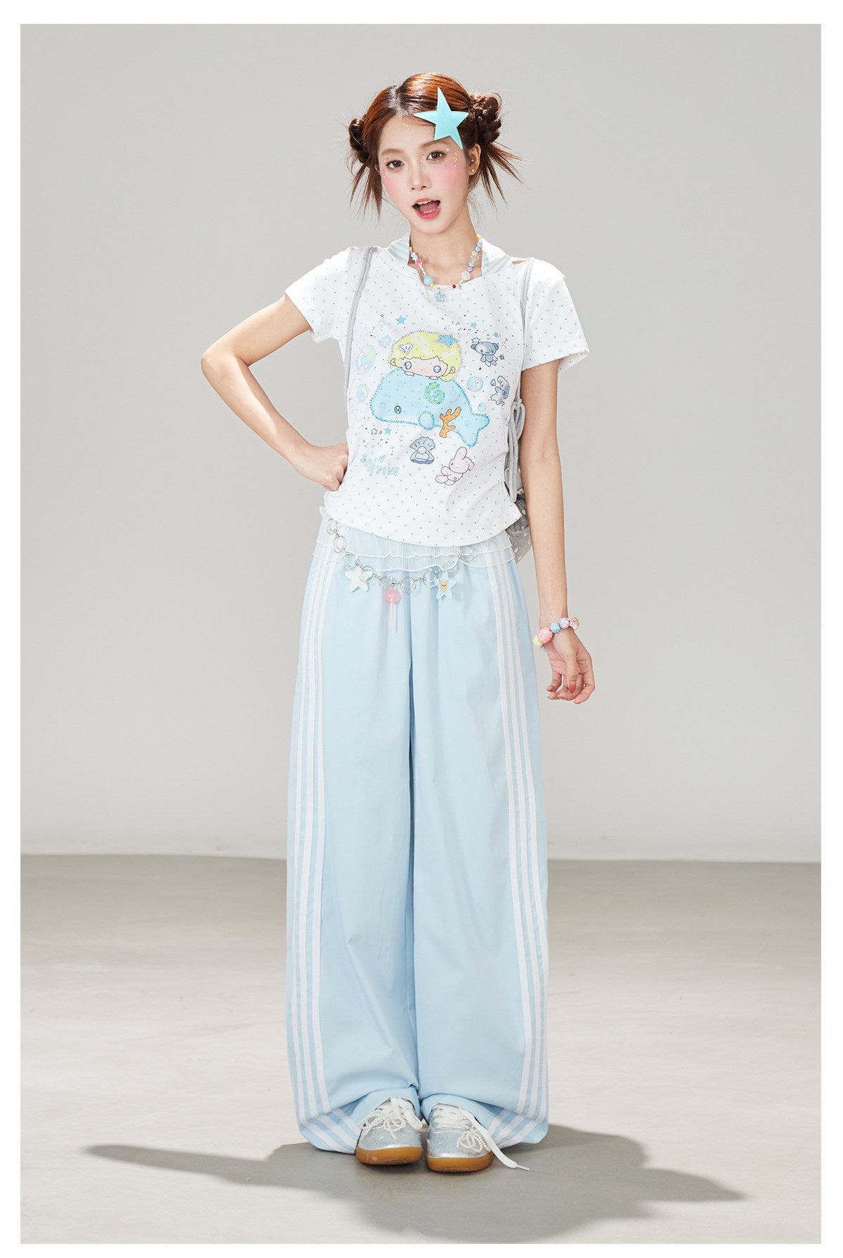 Ruffle Waist Side Stripe Wide-Leg Pants