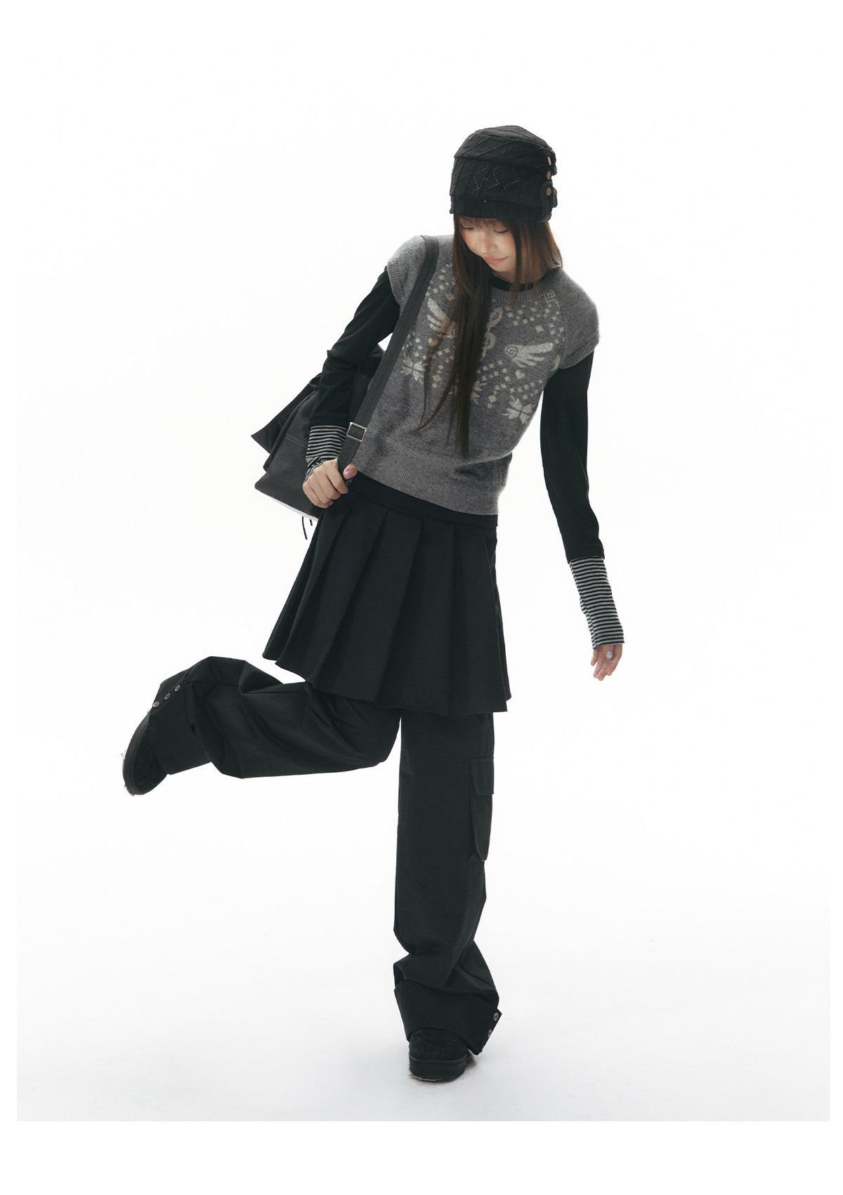 Pleated Skirt-Overlay Cargo Wide-Leg Pants