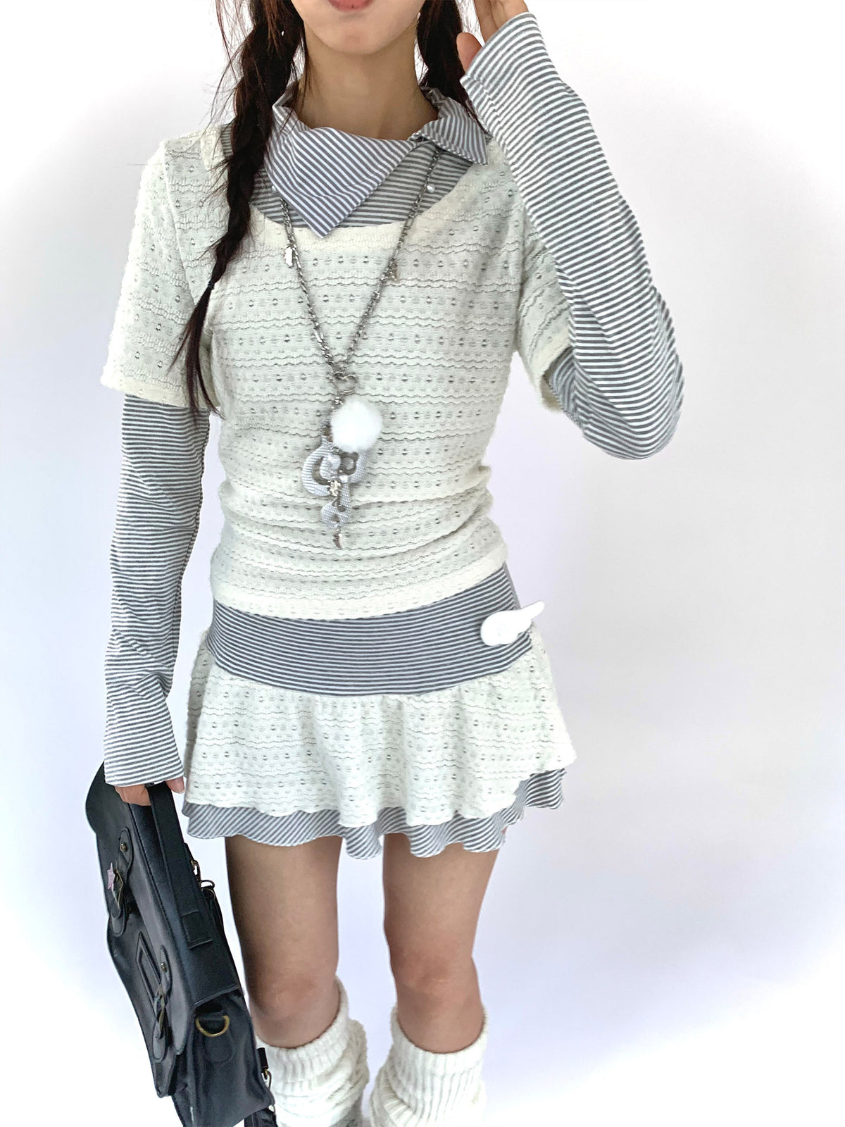 Milk Mist Lace & Stripe Faux-Layer Mini Dress