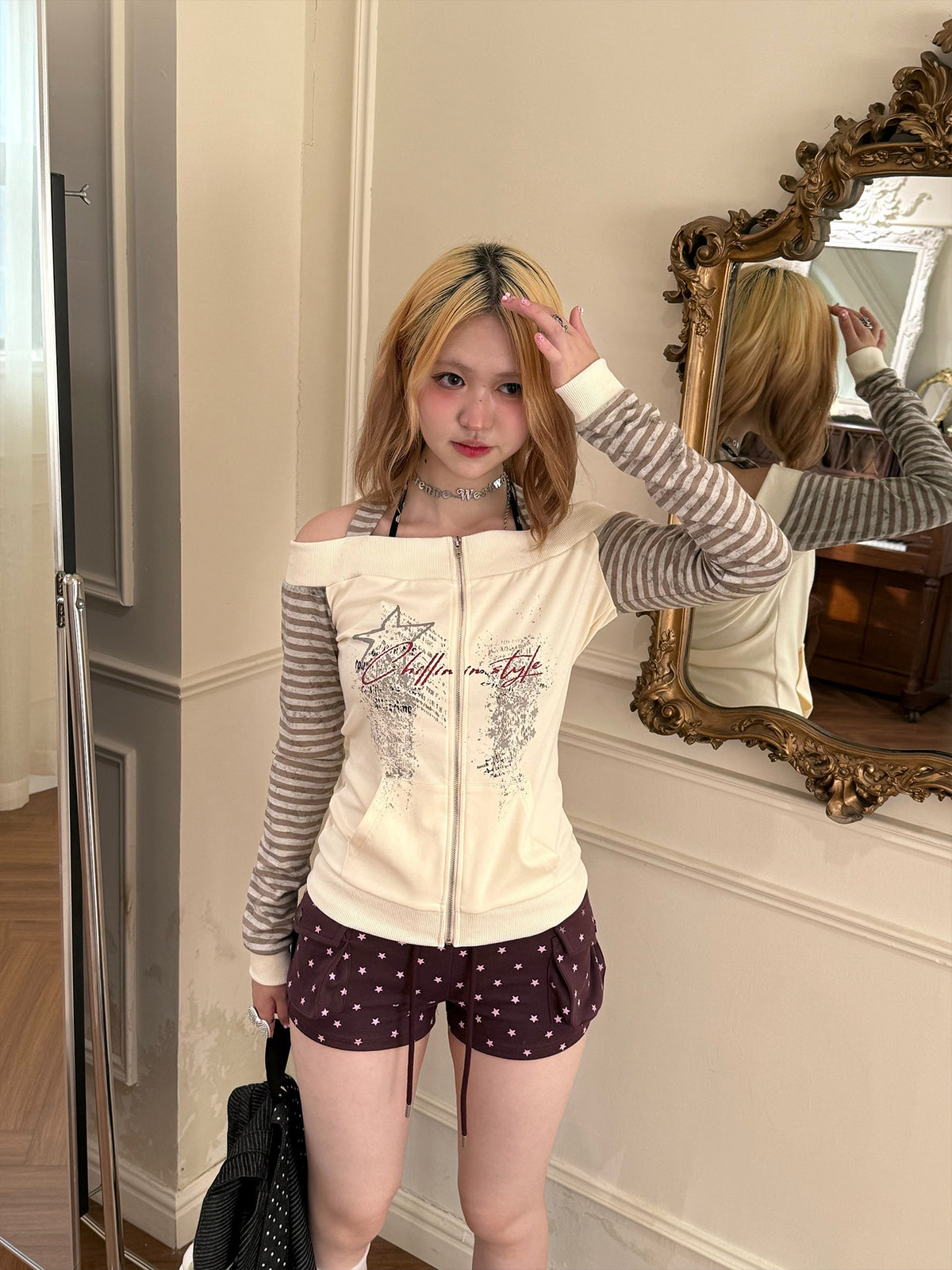 Ivory Off-Shoulder Stripe Zip-Up Long Sleeve Top