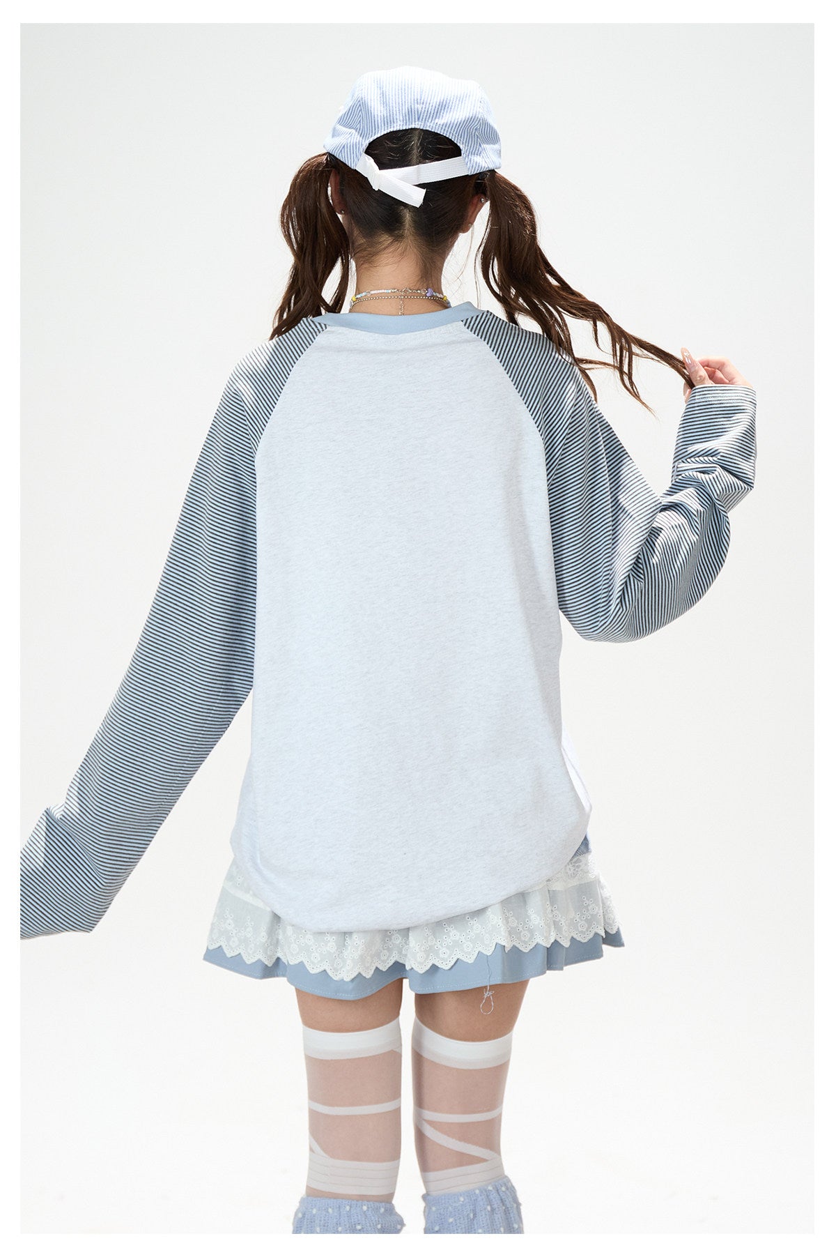 Striped Raglan Angel Graphic Long Sleeve Tee & Blue Plaid Lace Ruffle Skirt