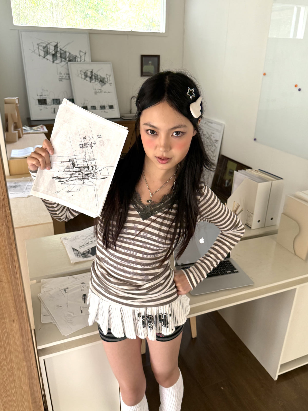 Gray Stripe Lace V-Neck Graphic Long Sleeve Tee