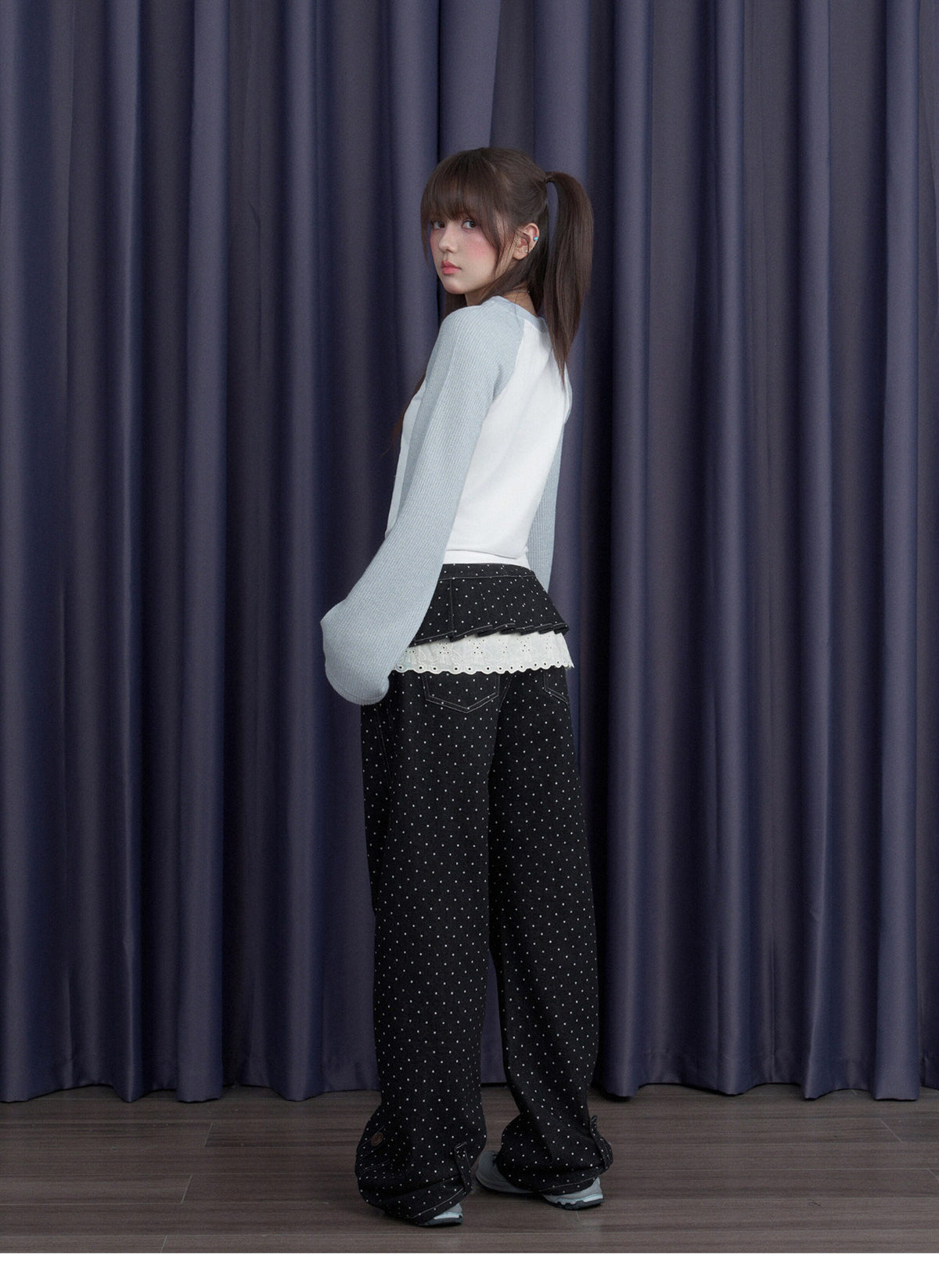 Polka Dot Wide-Leg Jeans & Detachable Lace Layering Skirt