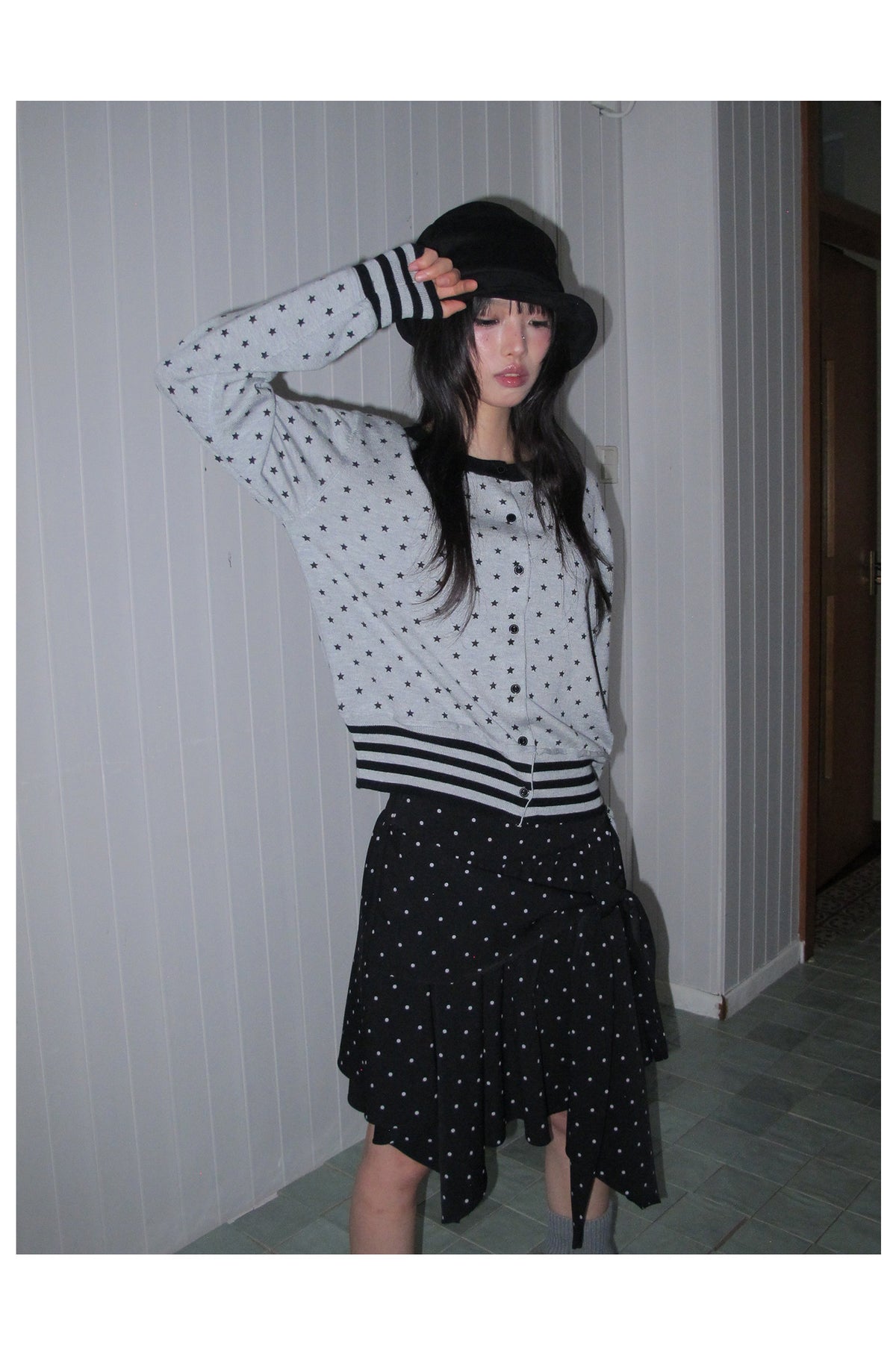 Star Print Contrast-Trim Knit Cardigan