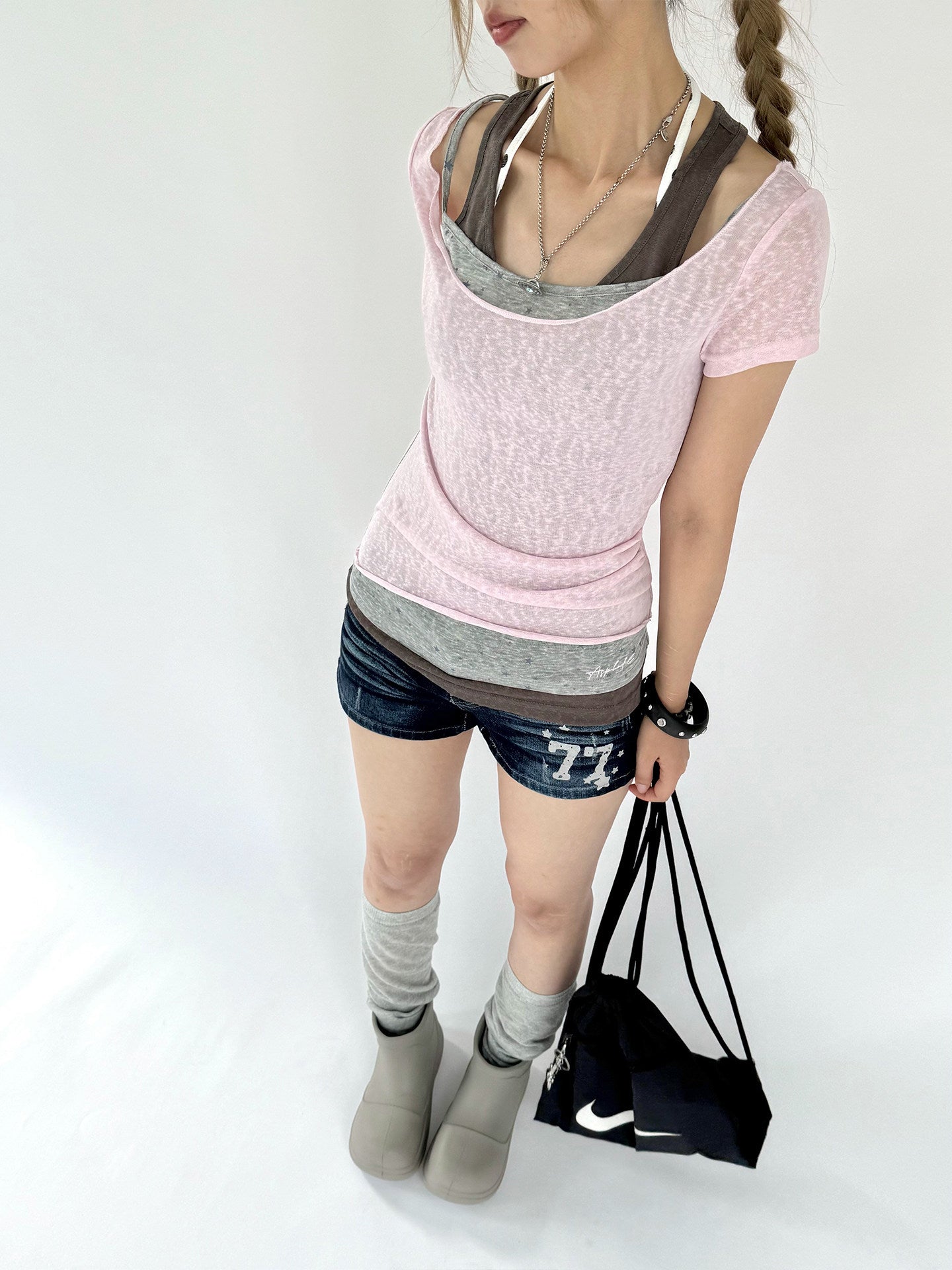 Pink Gray Triple-Layer Fitted Tee