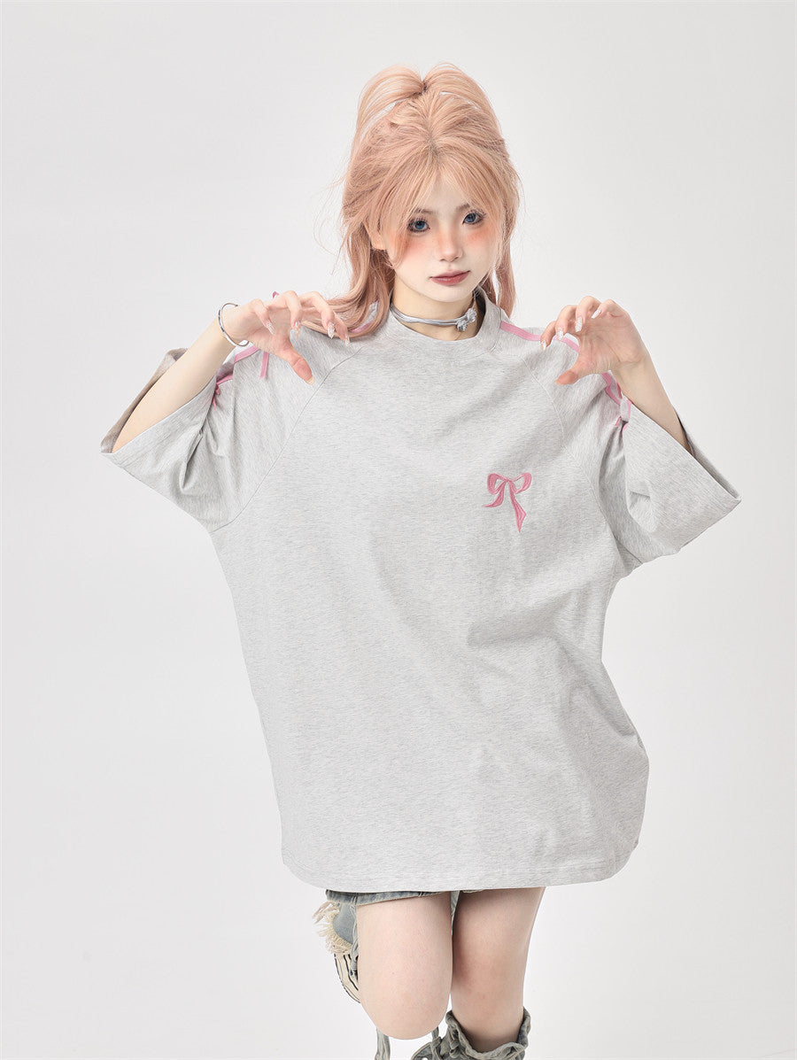 Ribbon Embroidery Side-Stripe Tee — Oversized