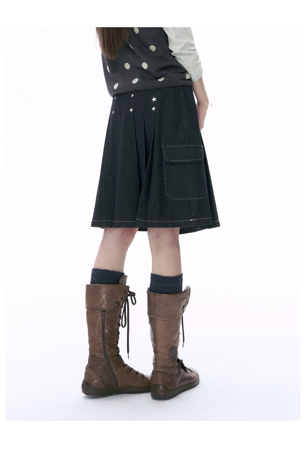 Embroidered Star Pleated Denim Midi Skirt