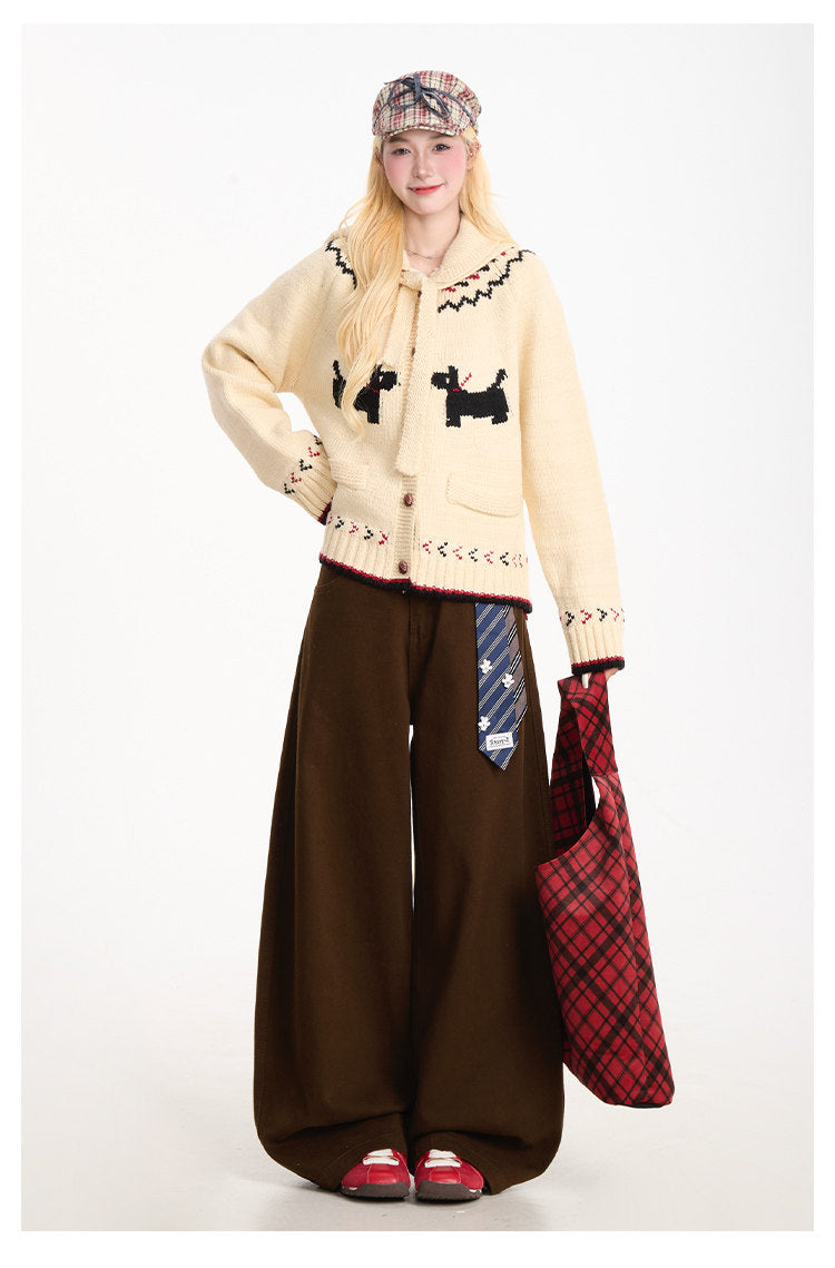 Curved-Leg Wide-Leg Pants with Detachable Tie