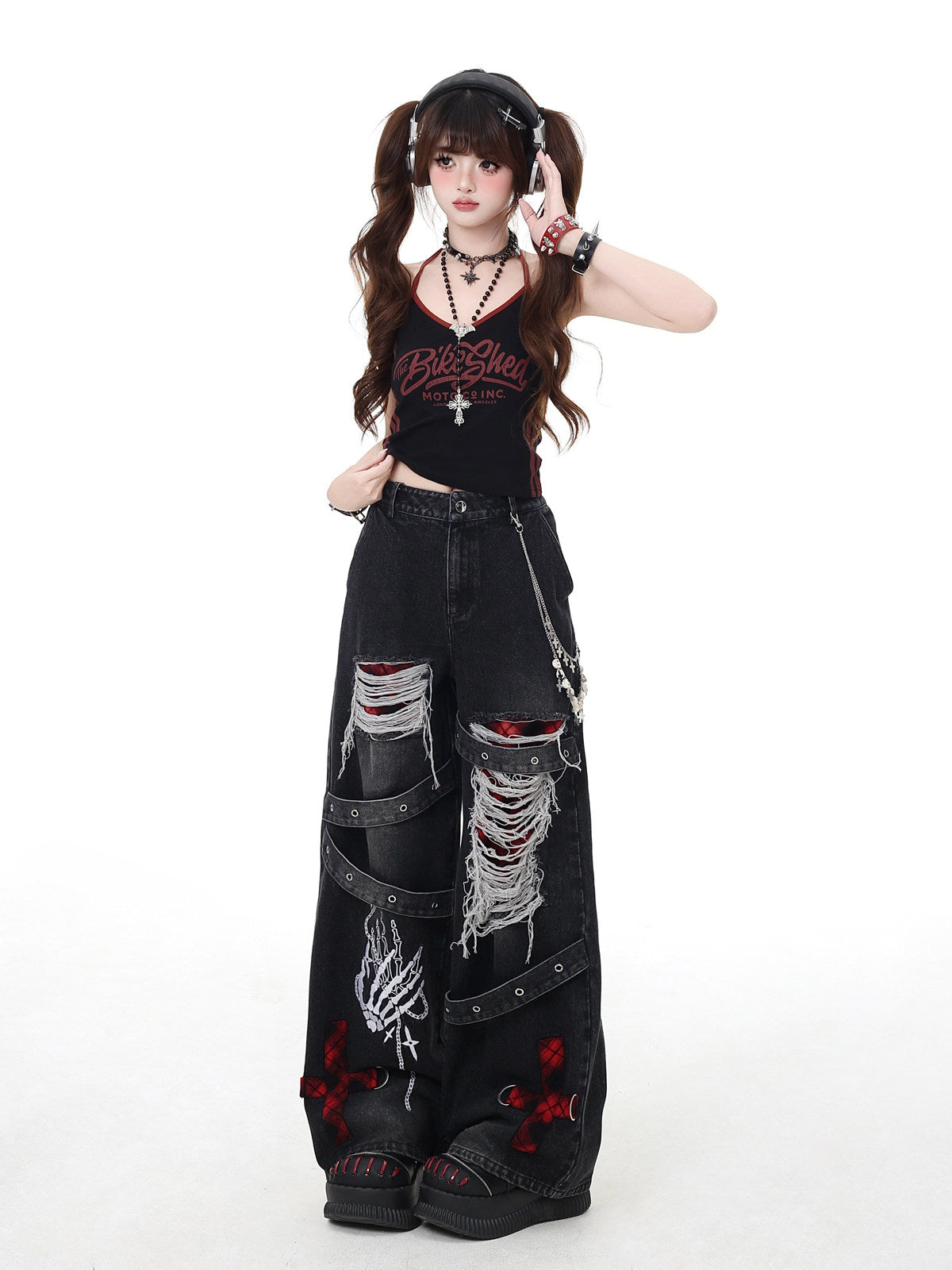Skeleton Hand Distressed Strap Wide-Leg Jeans