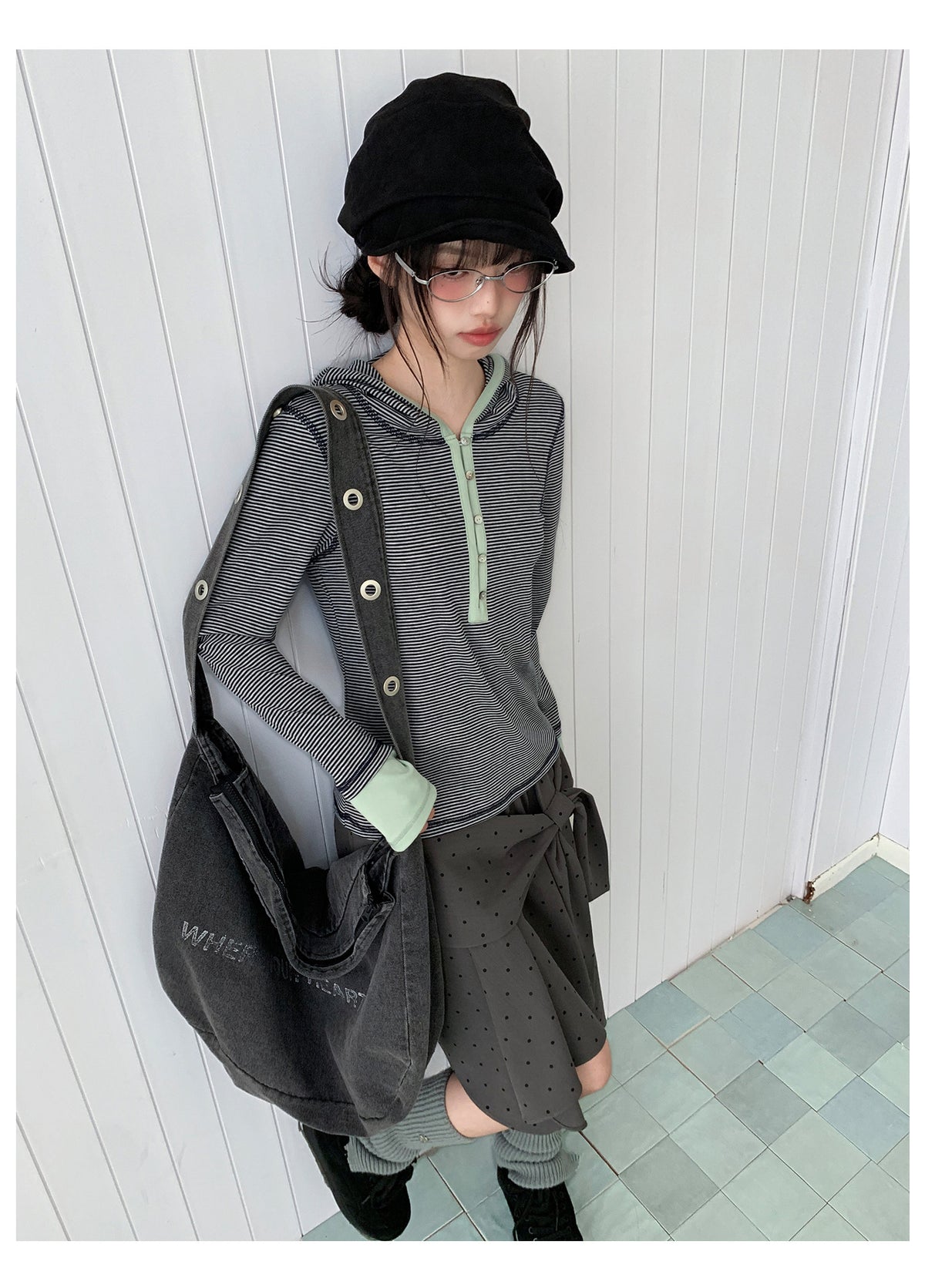 Blue-Gray Stripe Contrast Hooded Long Sleeve Top