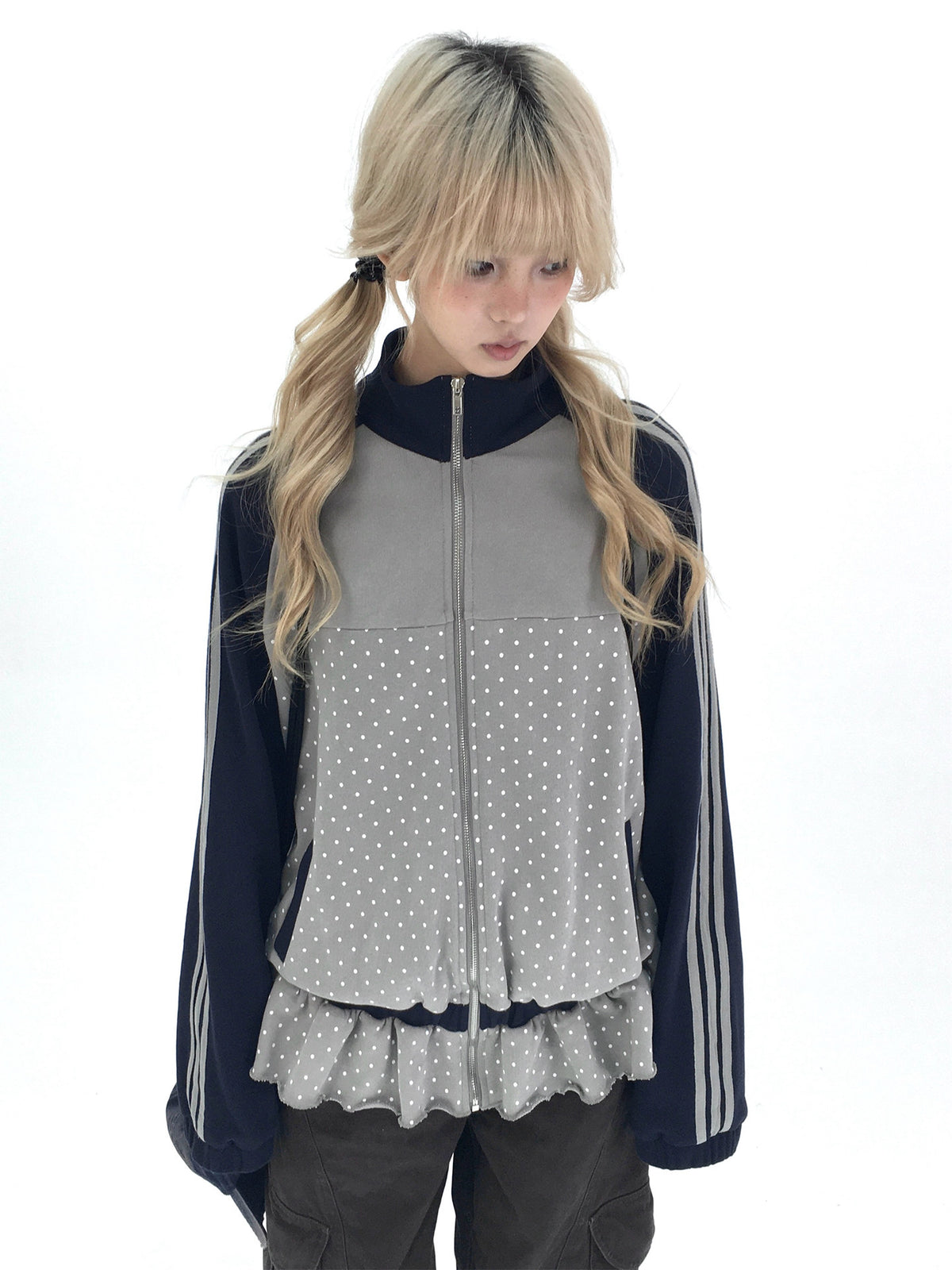 Gray Polka Dot Triple-Stripe Ruffle Zip Jacket