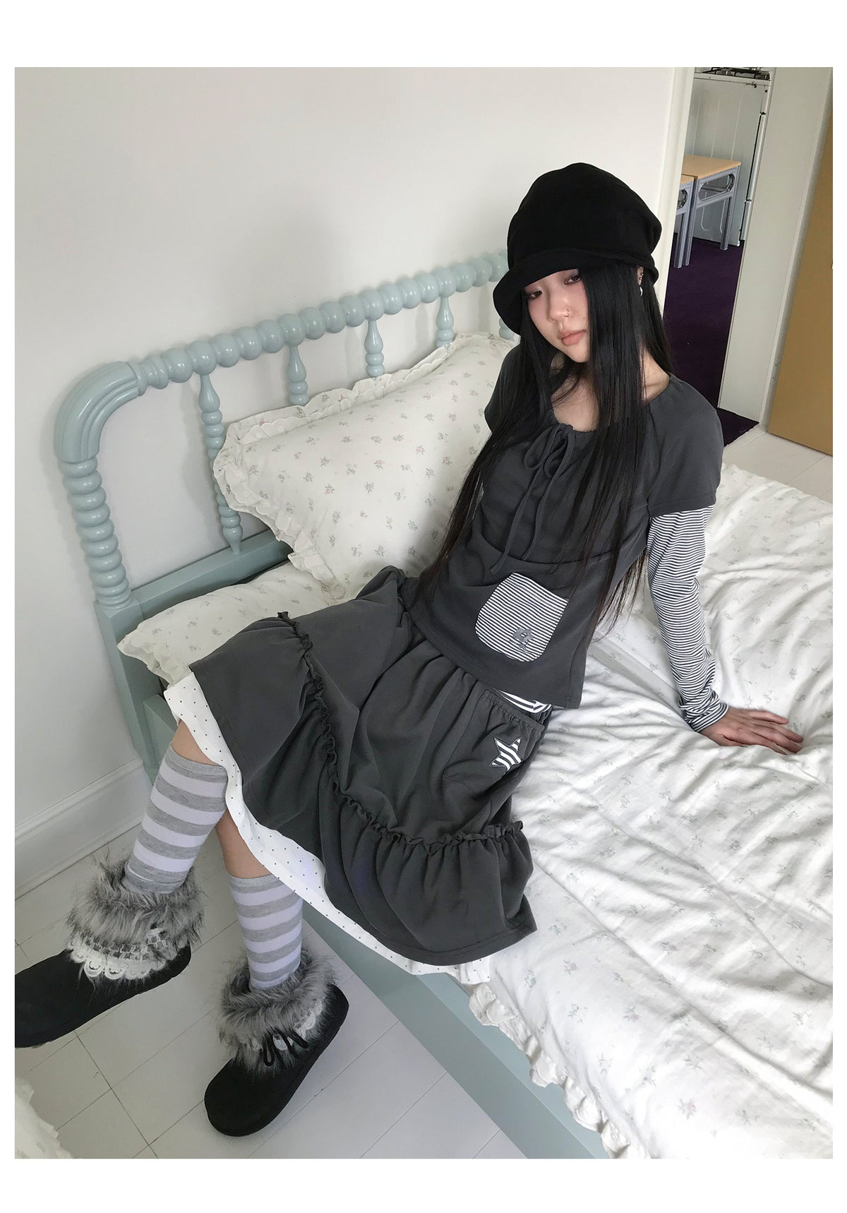 Tie-Neck Striped Faux-Layer Long Sleeve Top