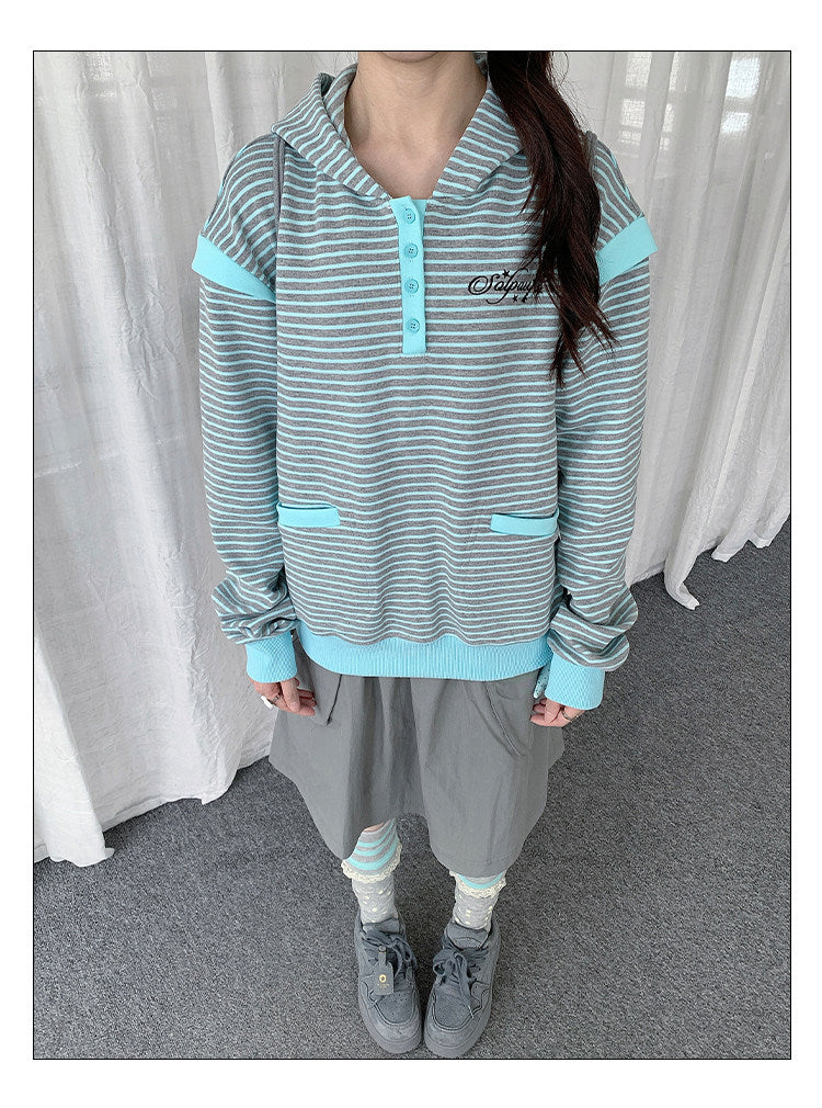 Striped Half-Placket Hooded Pullover