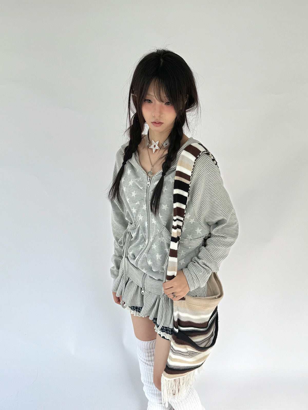 Star Ruffle Drawstring Zip-Up Hoodie