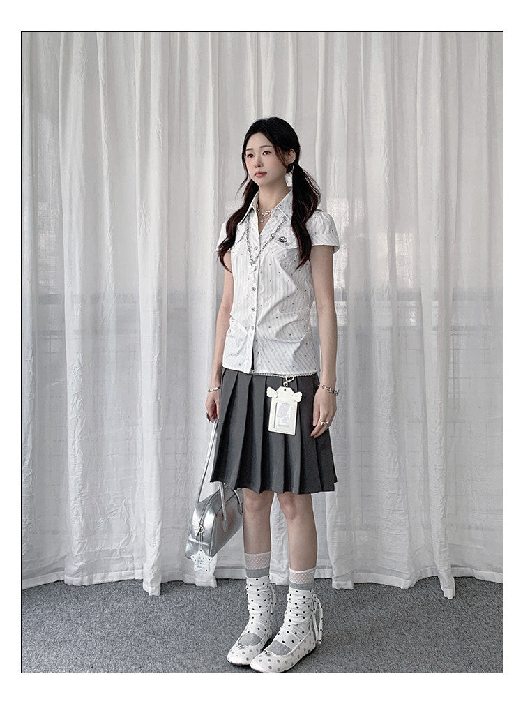 Silver Dot Pinstripe Fitted Short-Sleeve Shirt