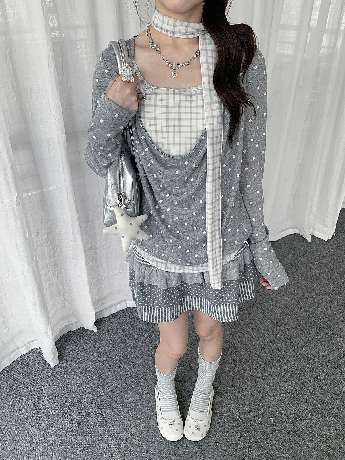 Polka Dot Plaid Scarf Layered Long Sleeve Top