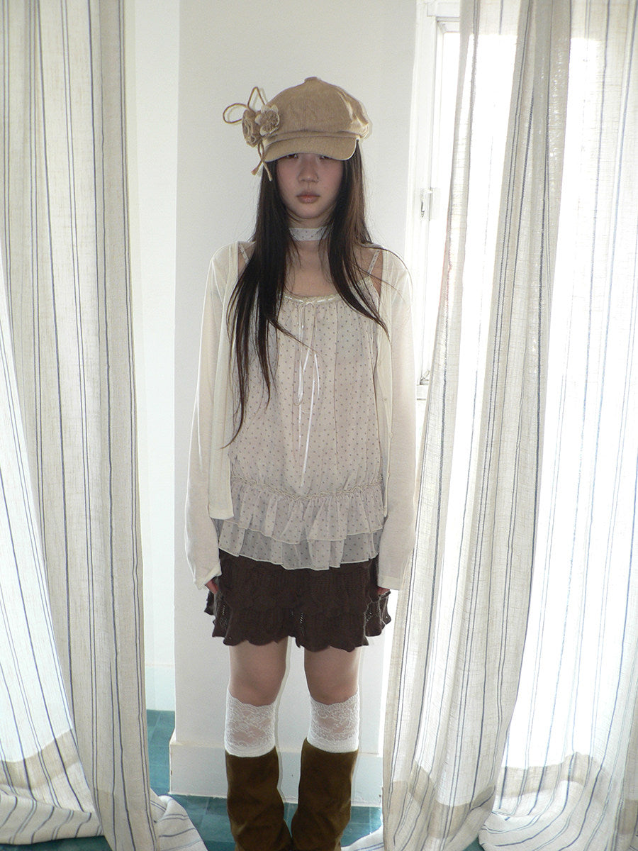 Polka Dot Ruffle Camisole & Cardigan Set with Scarf