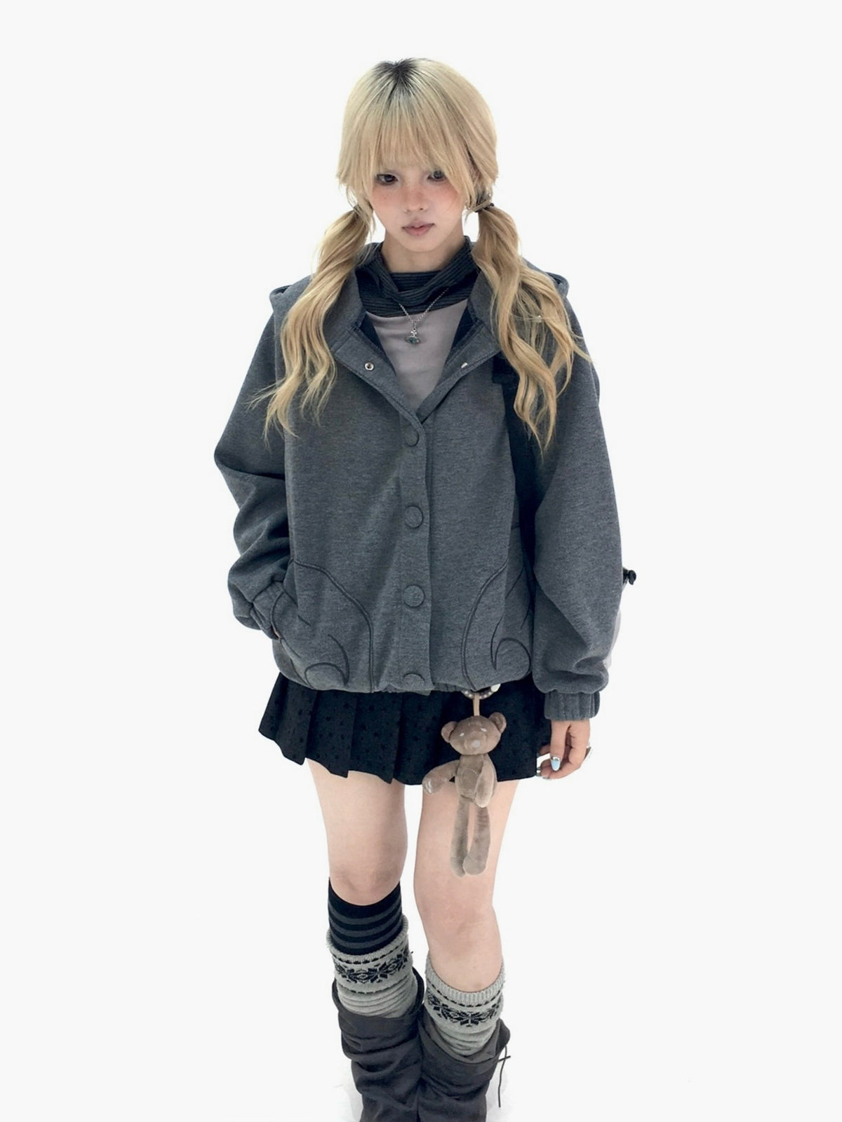 Cloud Gray Cat Ear Wing Pocket Hooded Jacket