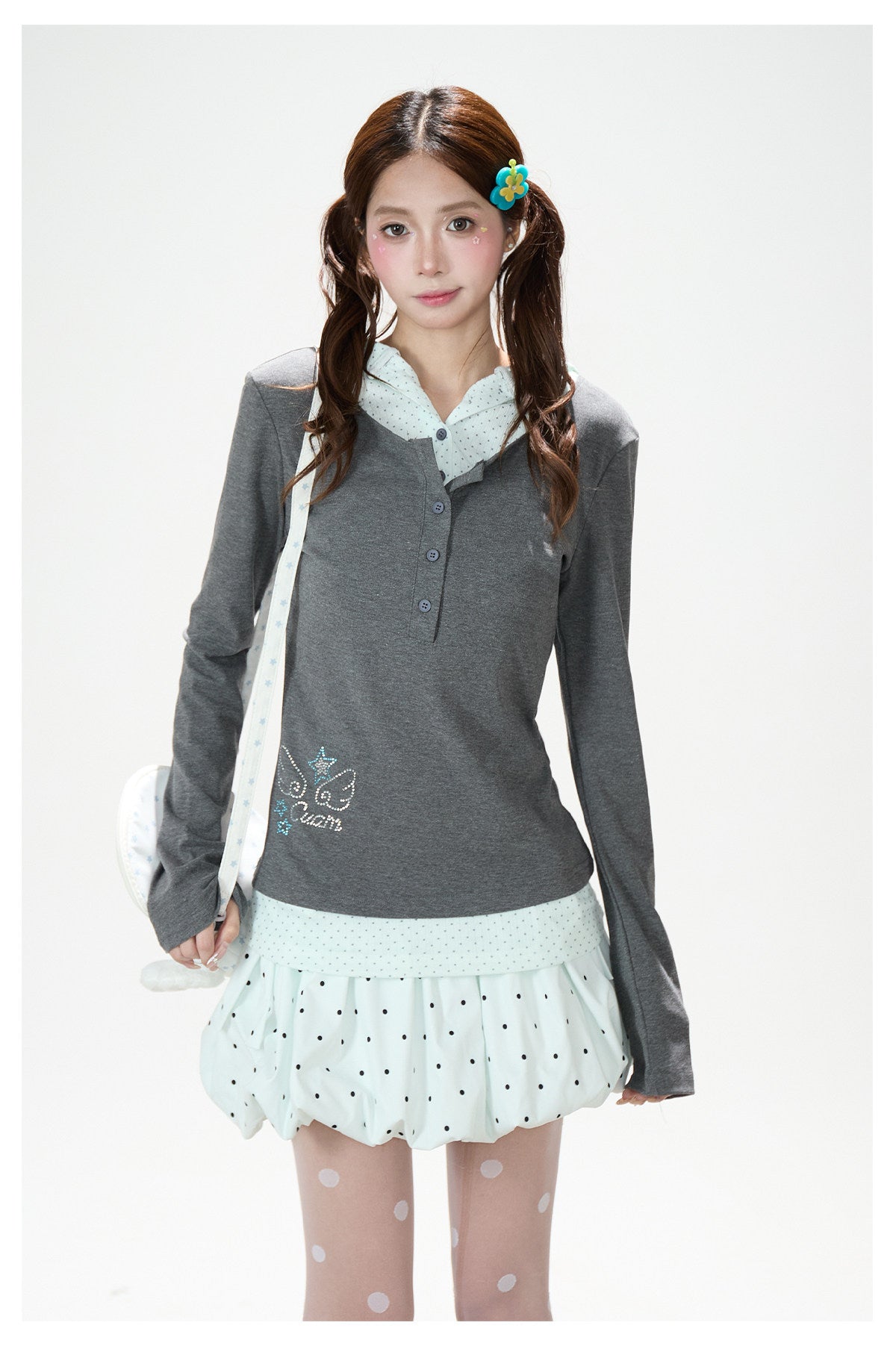 Polka Dot Layered Hooded Long Sleeve Top & Lace-Trim Bubble Mini Skirt