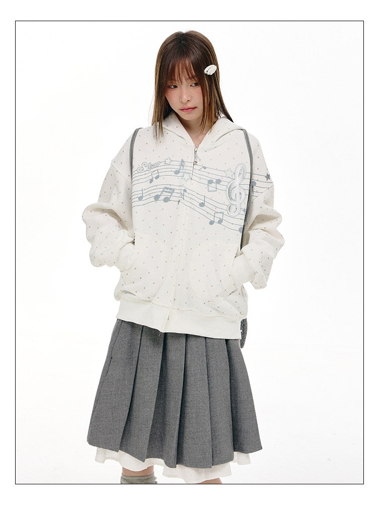 Gray Melody Polka Dot Graphic Zip Hoodie