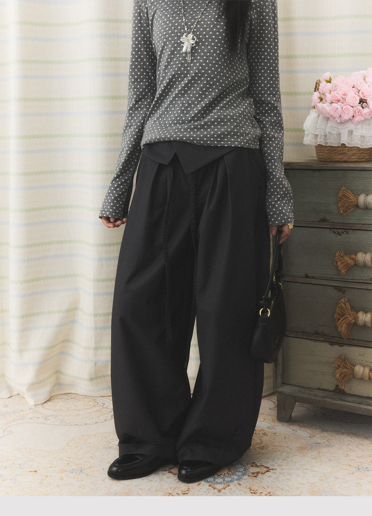 Foldover Tie Wide-Leg Trousers