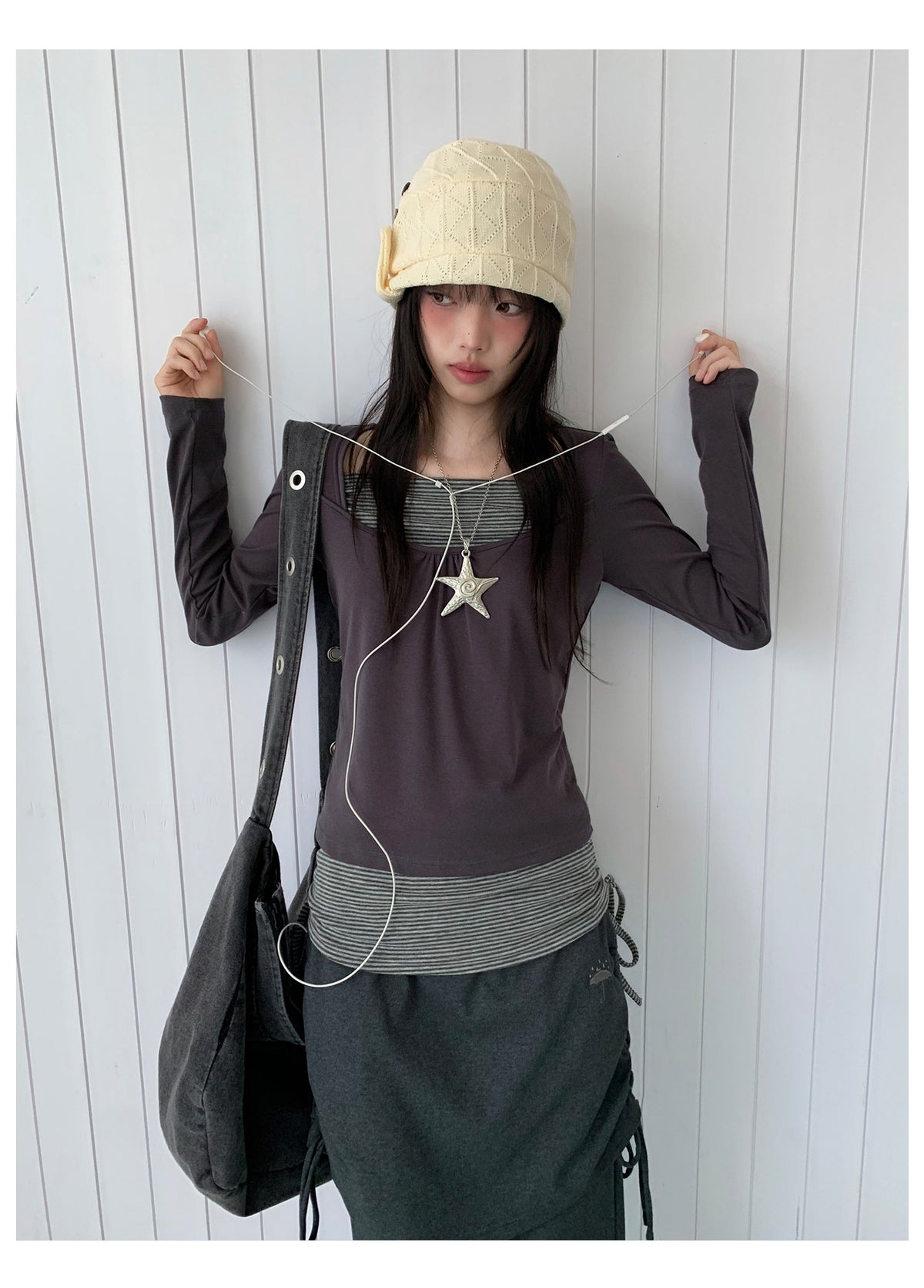 Striped Square-Neck Faux-Layer Drawstring Long Sleeve Top